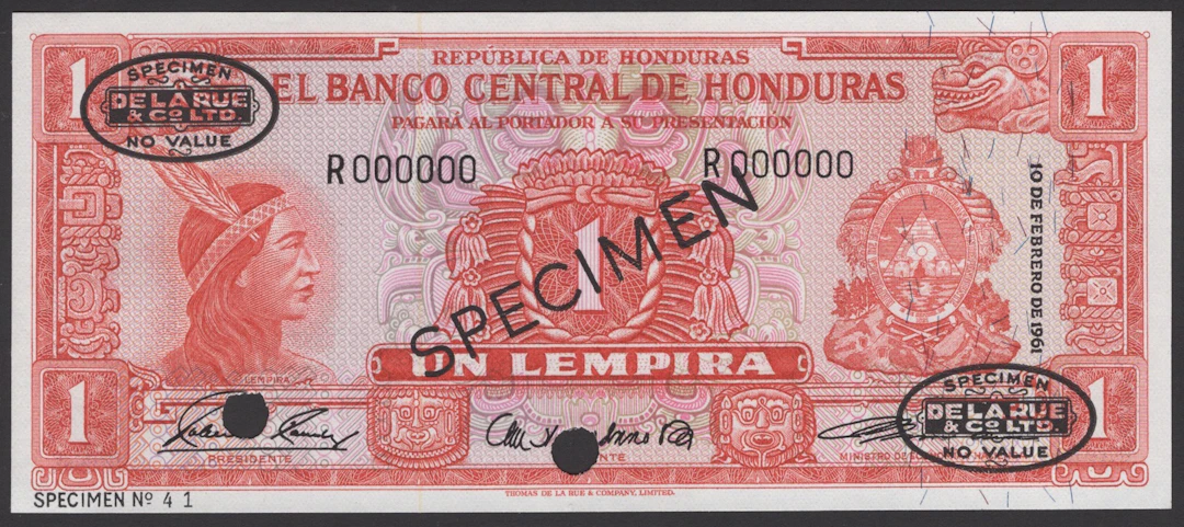 El Banco Central de Honduras, specimen 1 Lempira, 10 February 1961