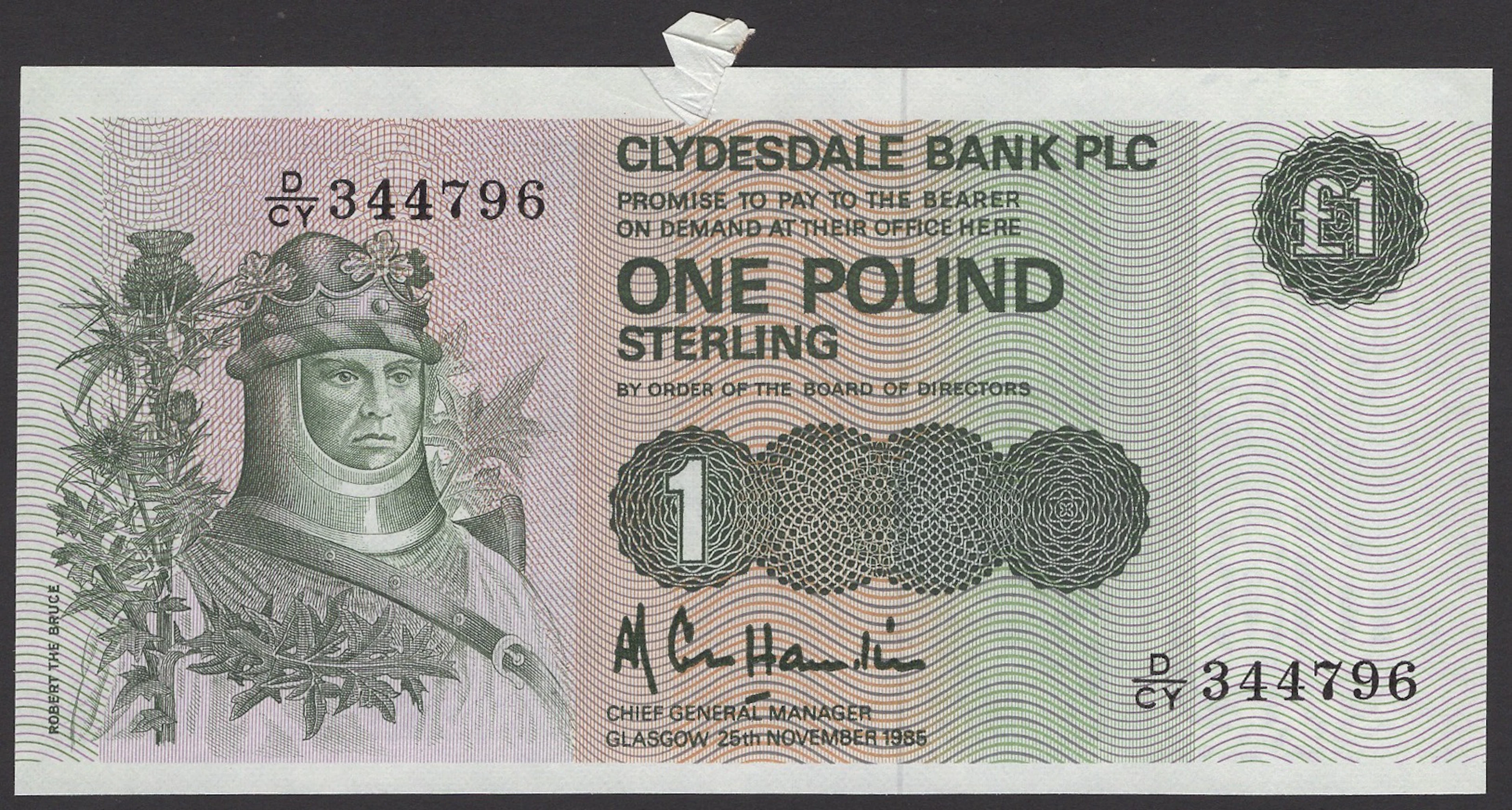 ERROR: Clydesdale Bank PLC, £1, 25 November 1985, serial number D/CY