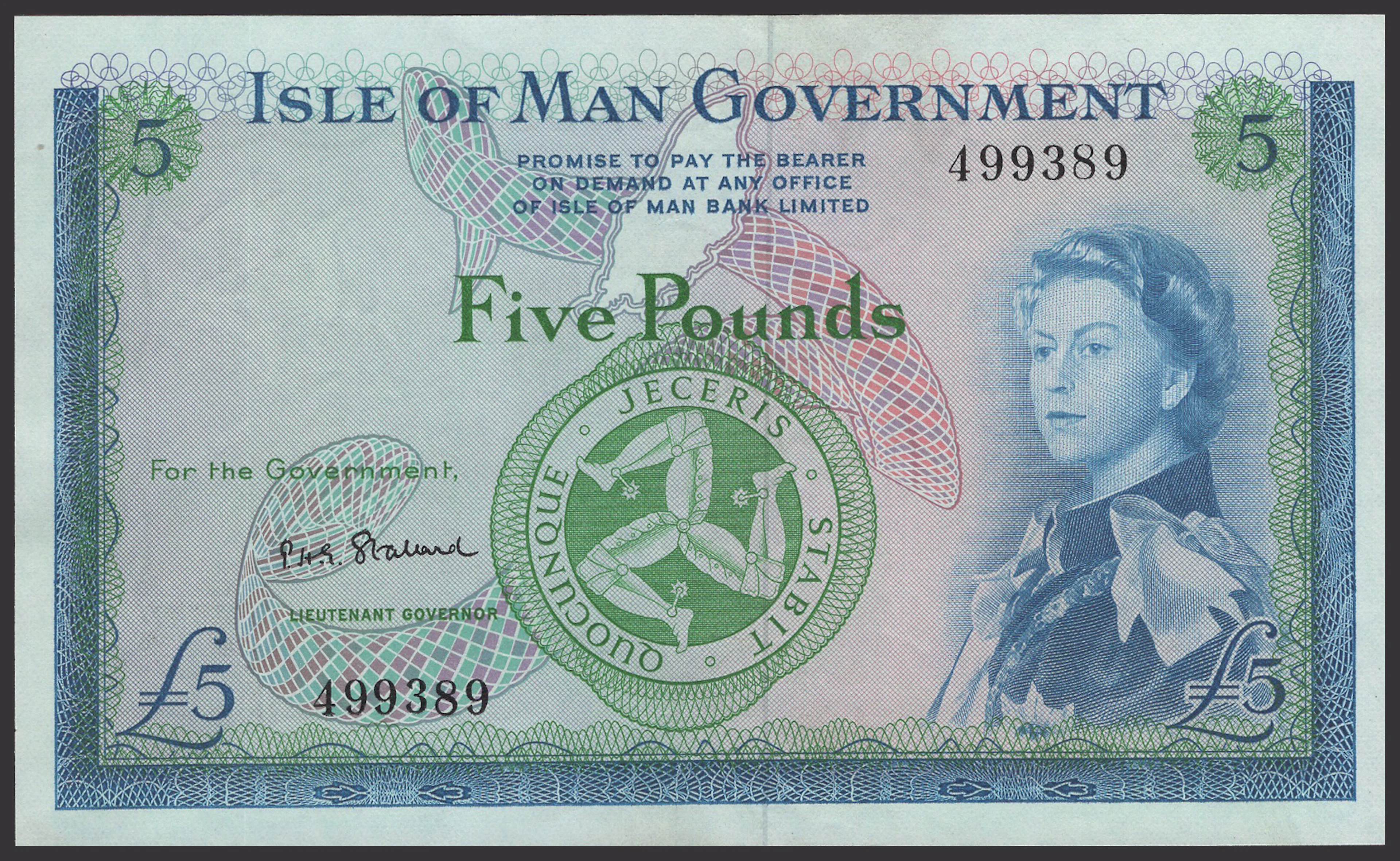 Isle of Man Government, R.H.Garvey, £5, ND (1961), serial number 499389