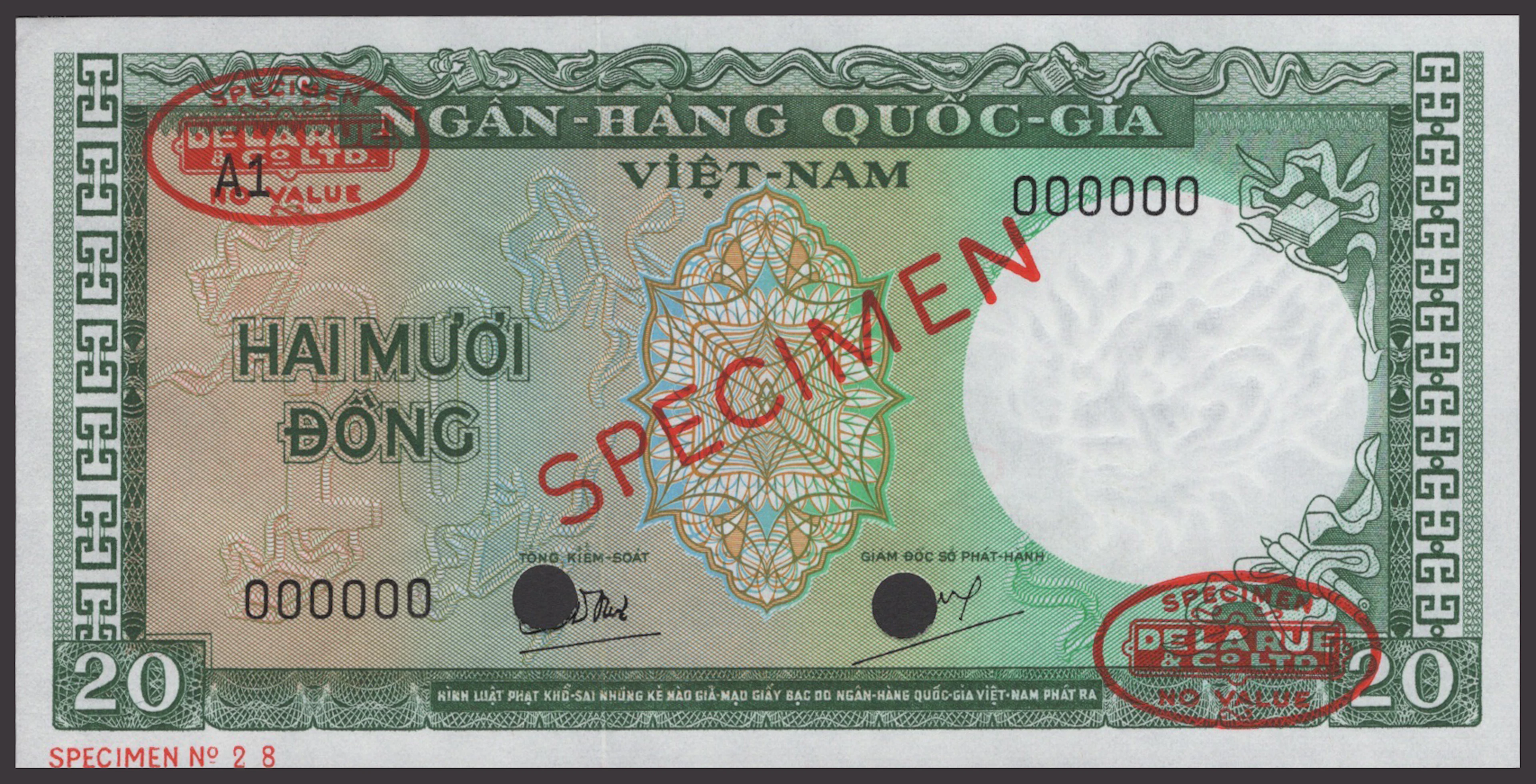 National Bank of Vietnam, specimen 20 Dong, ND (1965), serial number