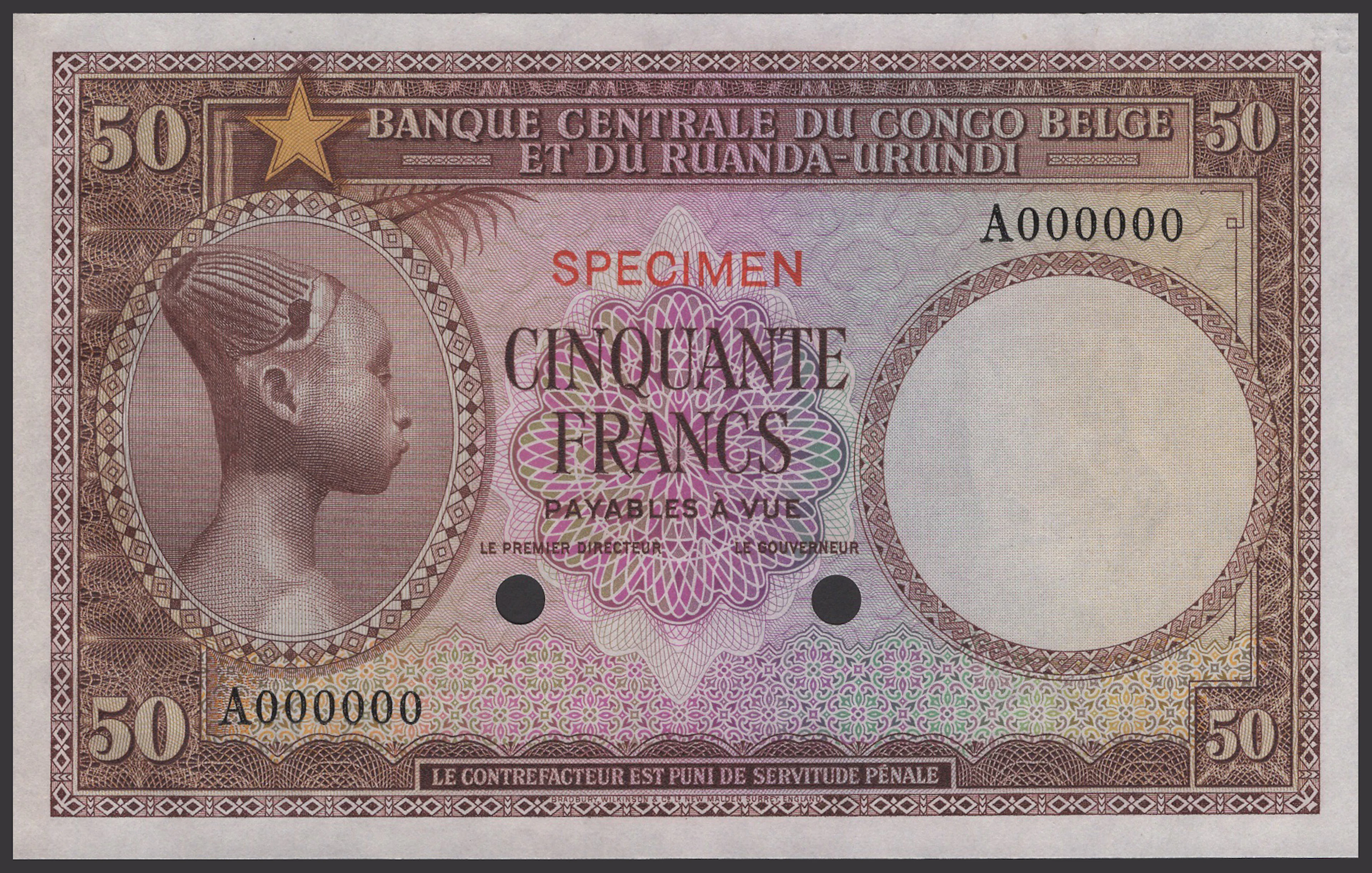 Banque Centrale du Congo Belge et du Ruanda-Urundi, colour trial 50