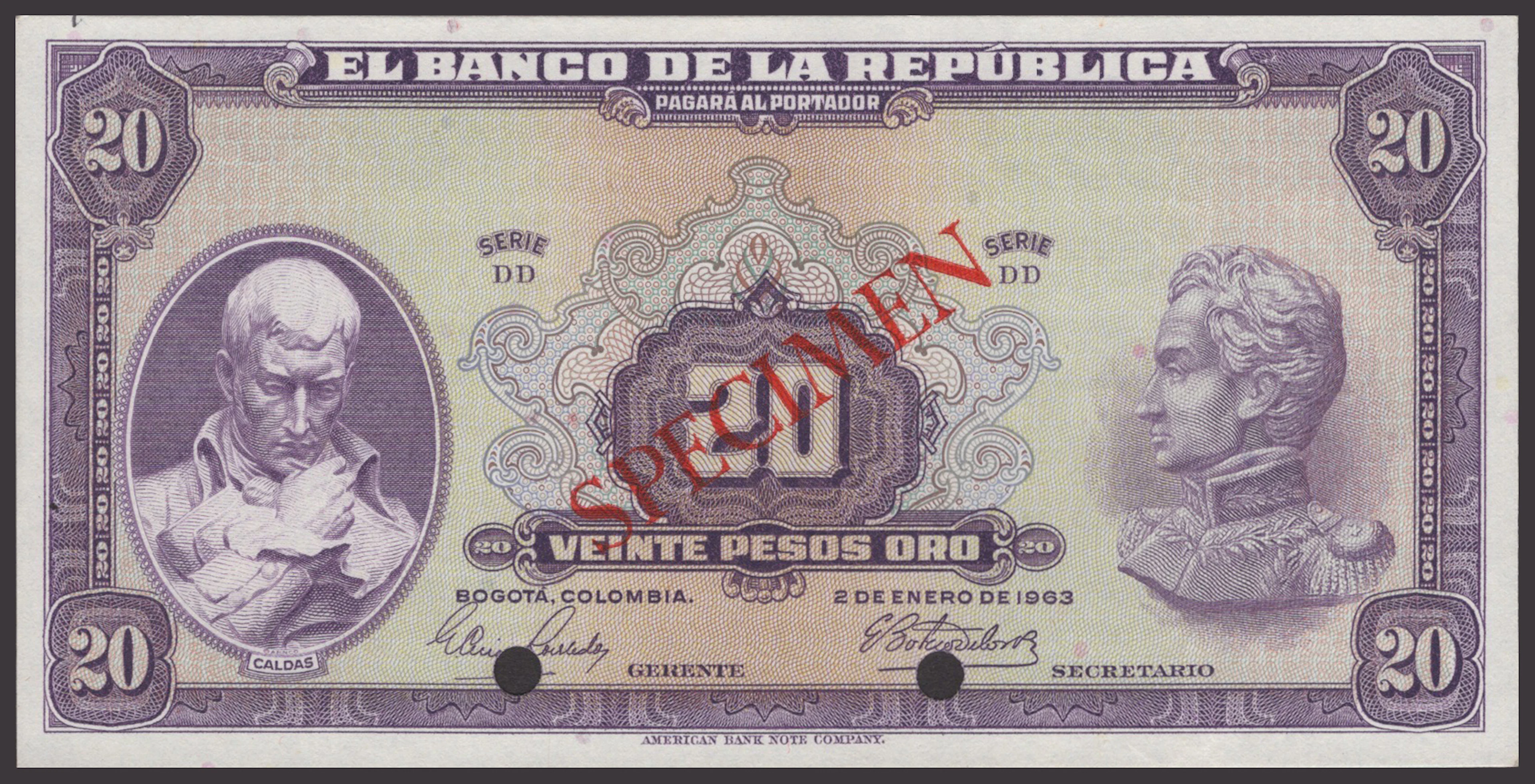 Banco de la Republica, Colombia, specimen 20 Pesos Oro, 2 January