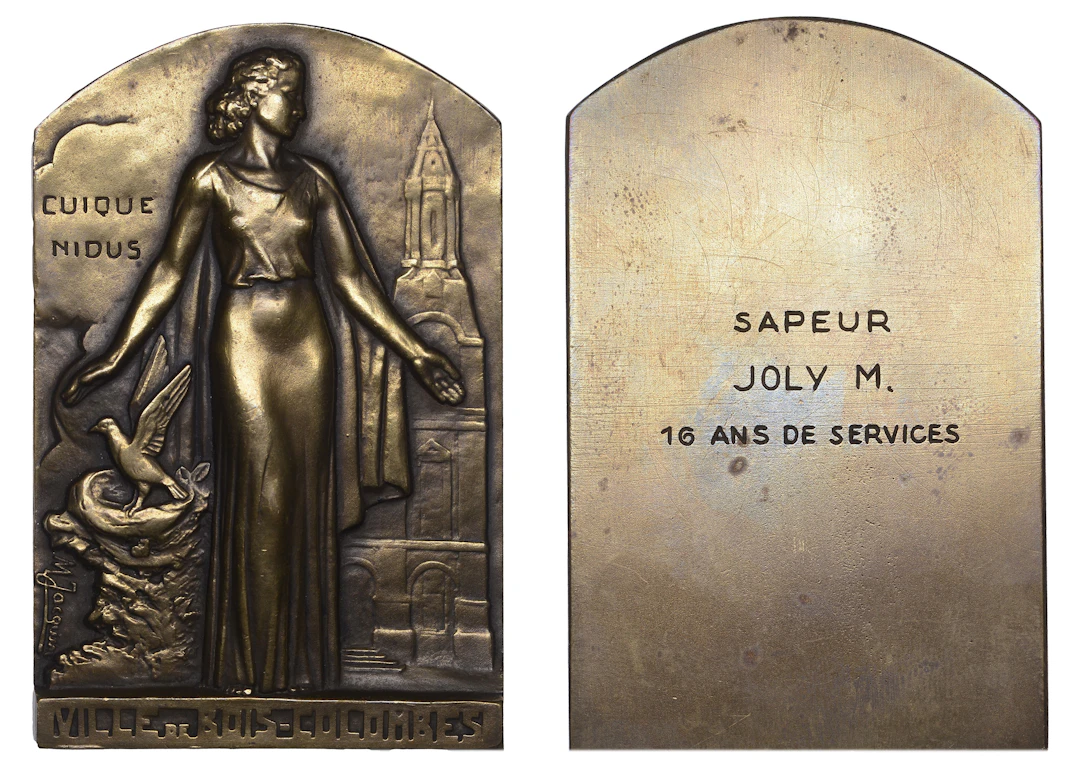 FRANCE, Ville de Bois-Colombes, c. 1920, a uniface bronze plaque by