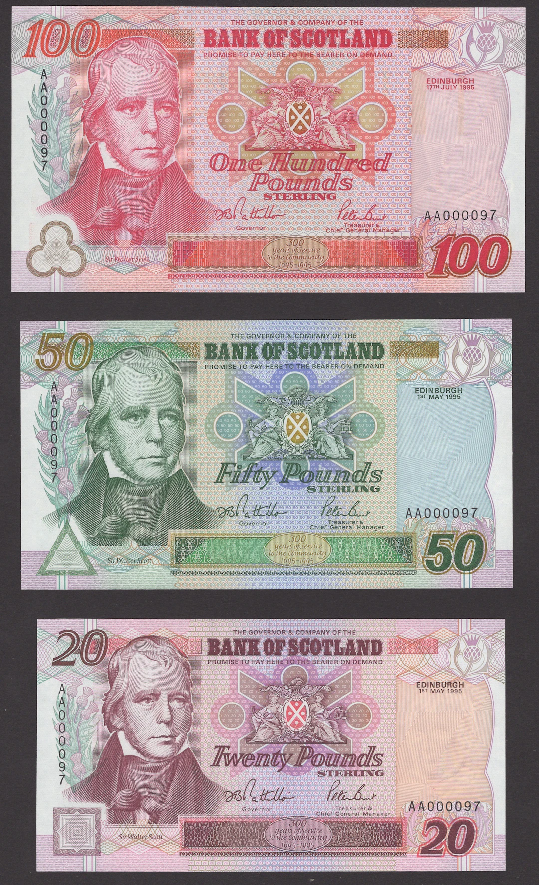 Bank of Scotland, a low-number set comprising £5, £10, £20, £50, and
