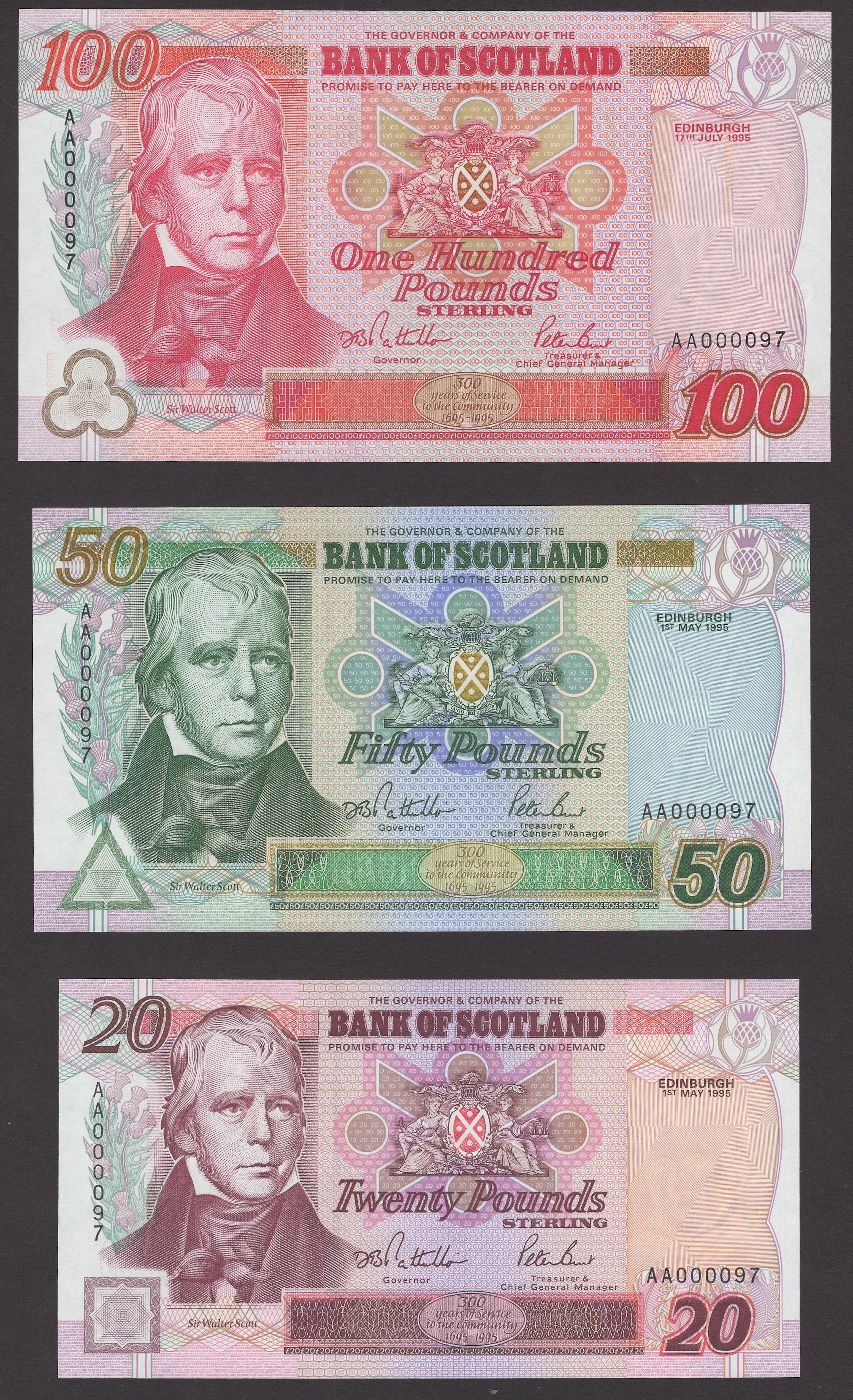 Bank of Scotland, a low-number set comprising £5, £10, £20, £50, and