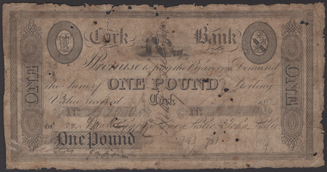 Cork Bank, for Charles Henry Leslie & John Leslie, £1, 1823, serial