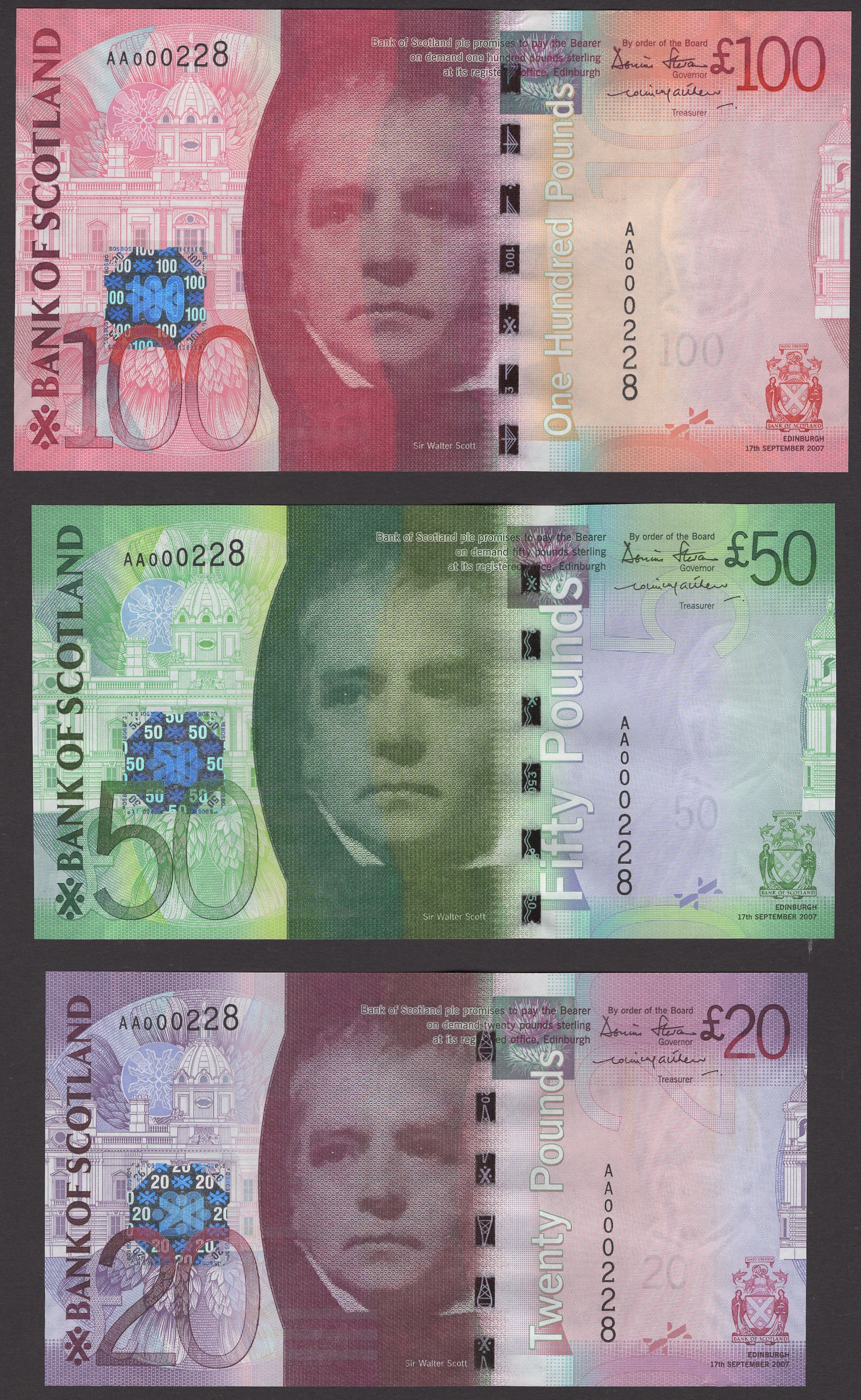 Bank of Scotland, a low-number set comprising £5, £10, £20, £50, and