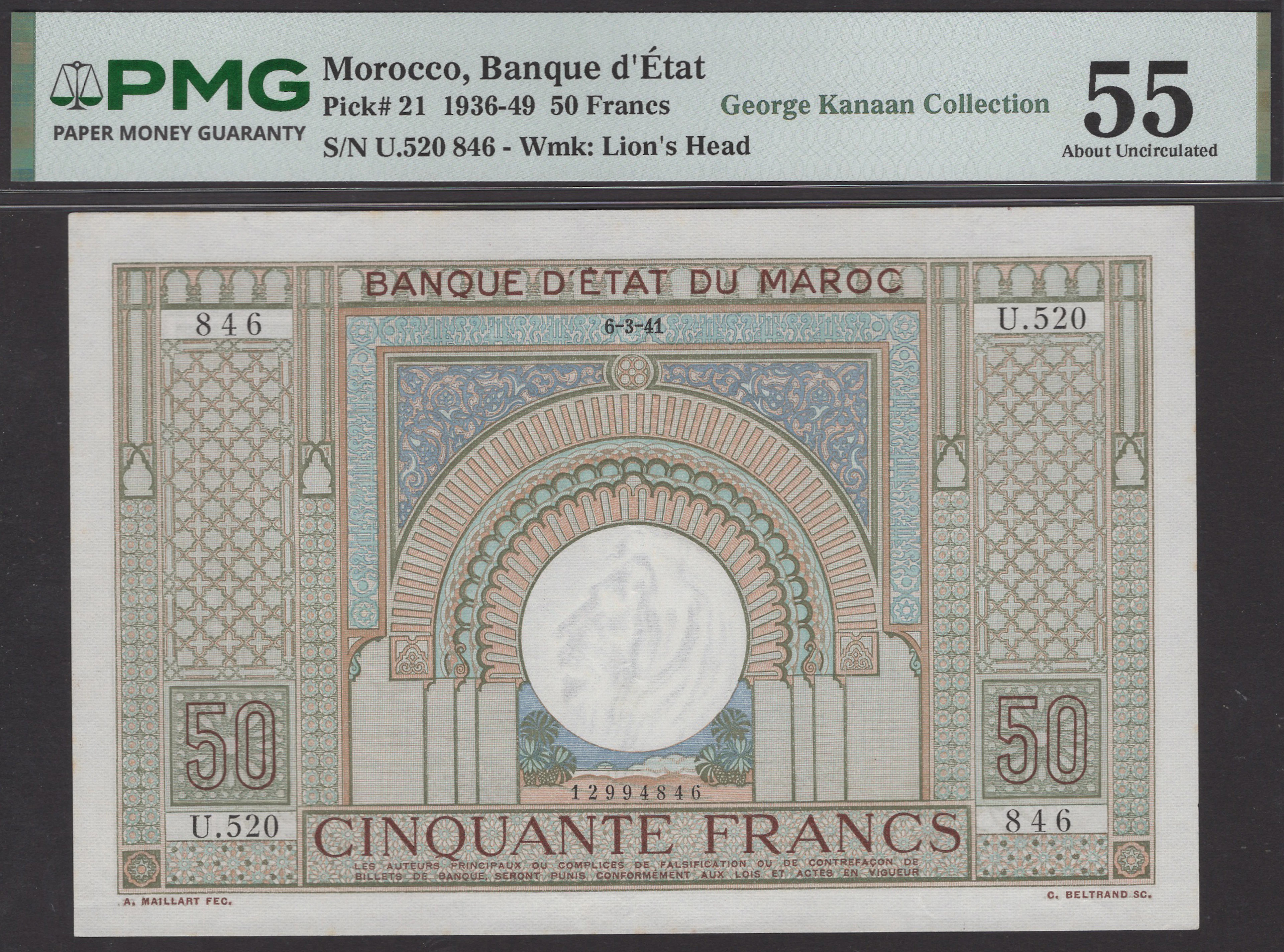 Banque d’Etat du Maroc, 50 Francs, 6 March 1941, serial number U.520