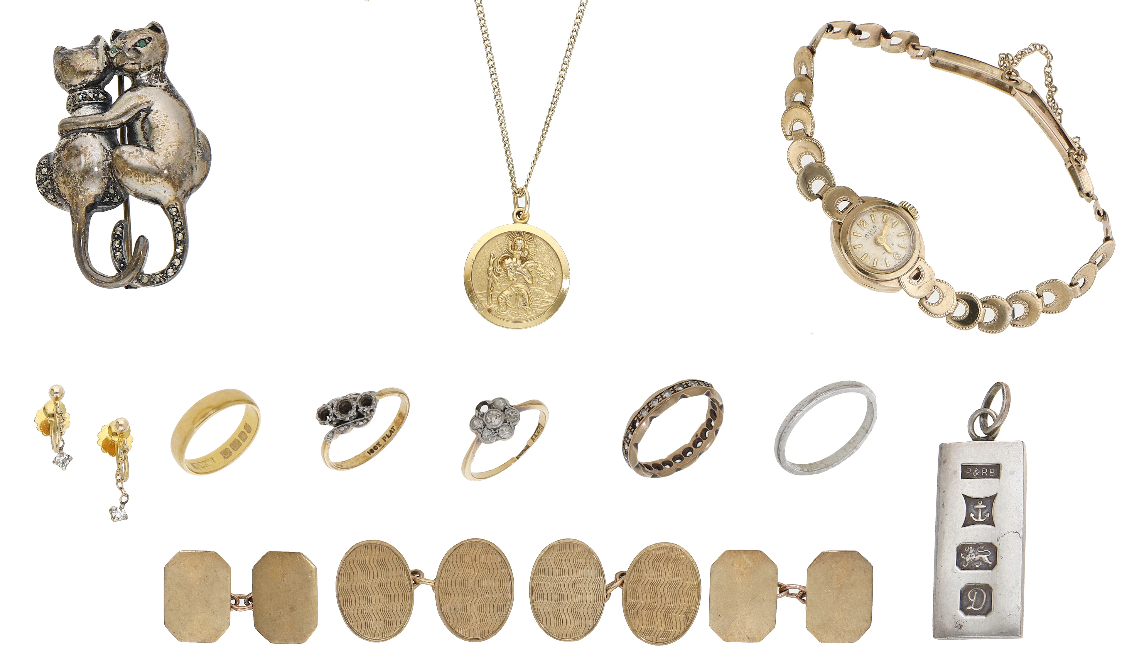 Assorted jewellery, comprising two pairs of 9ct gold cufflinks, three