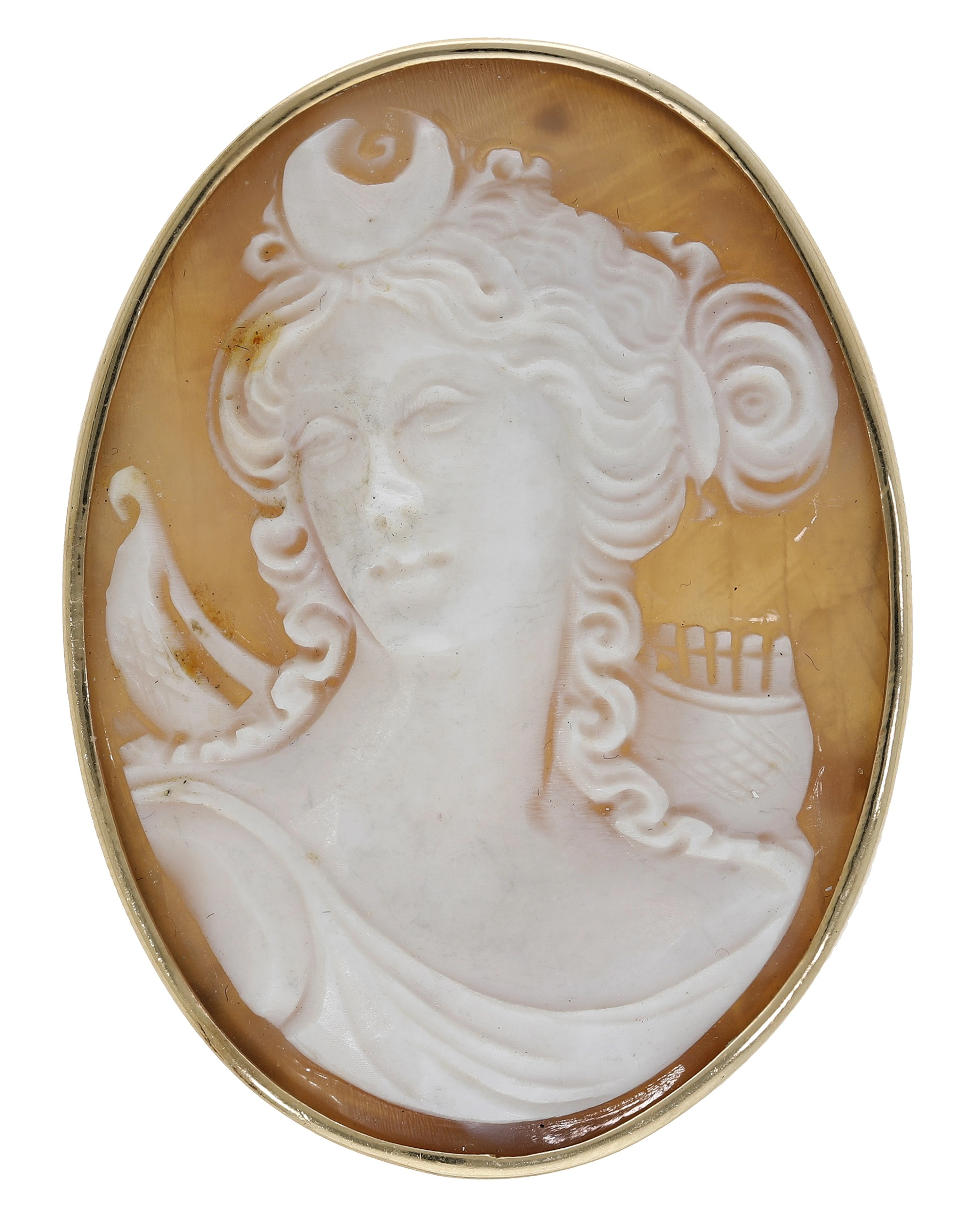 A shell cameo brooch, carved to depict Diana, Goddess of Hunting