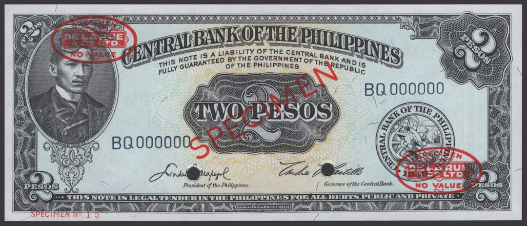 Central Bank of the Philippines, specimen 2 Pesos, 1949 (1951), serial