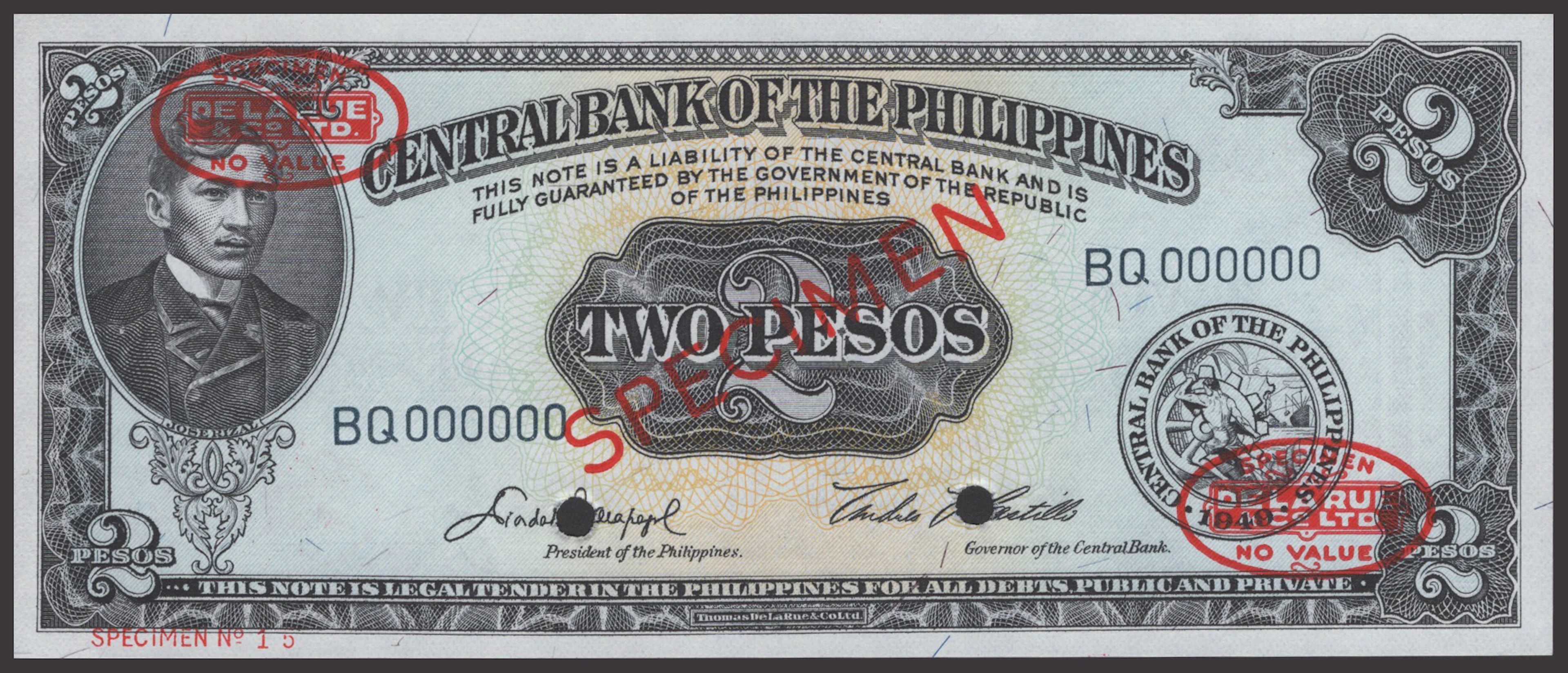 Central Bank of the Philippines, specimen 2 Pesos, 1949 (1951), serial