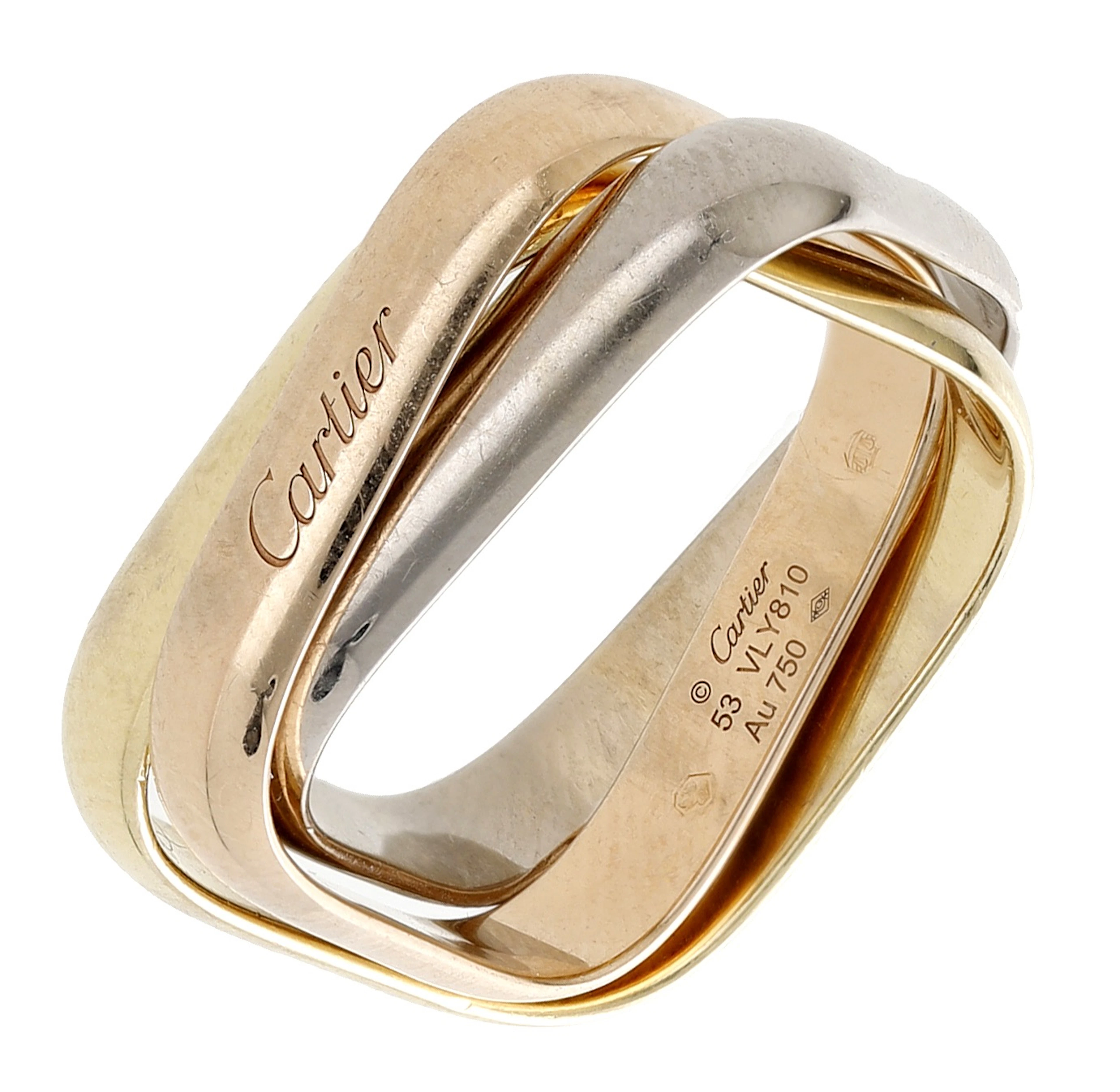 An 18ct gold ‘Trinity’ ring by Cartier, the tricoloured square ring