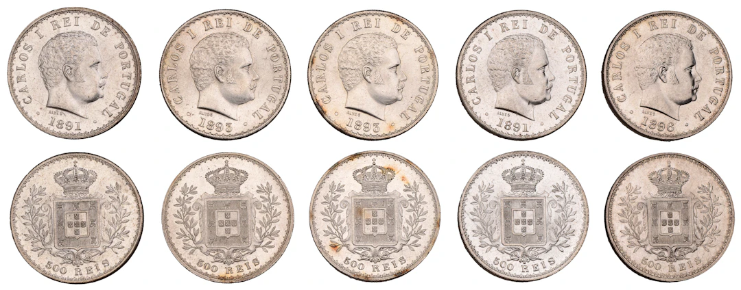 Portugal, Carlos I, 500 Reis (5), 1891 (2), 1893 (2), 1896, all Lisbon