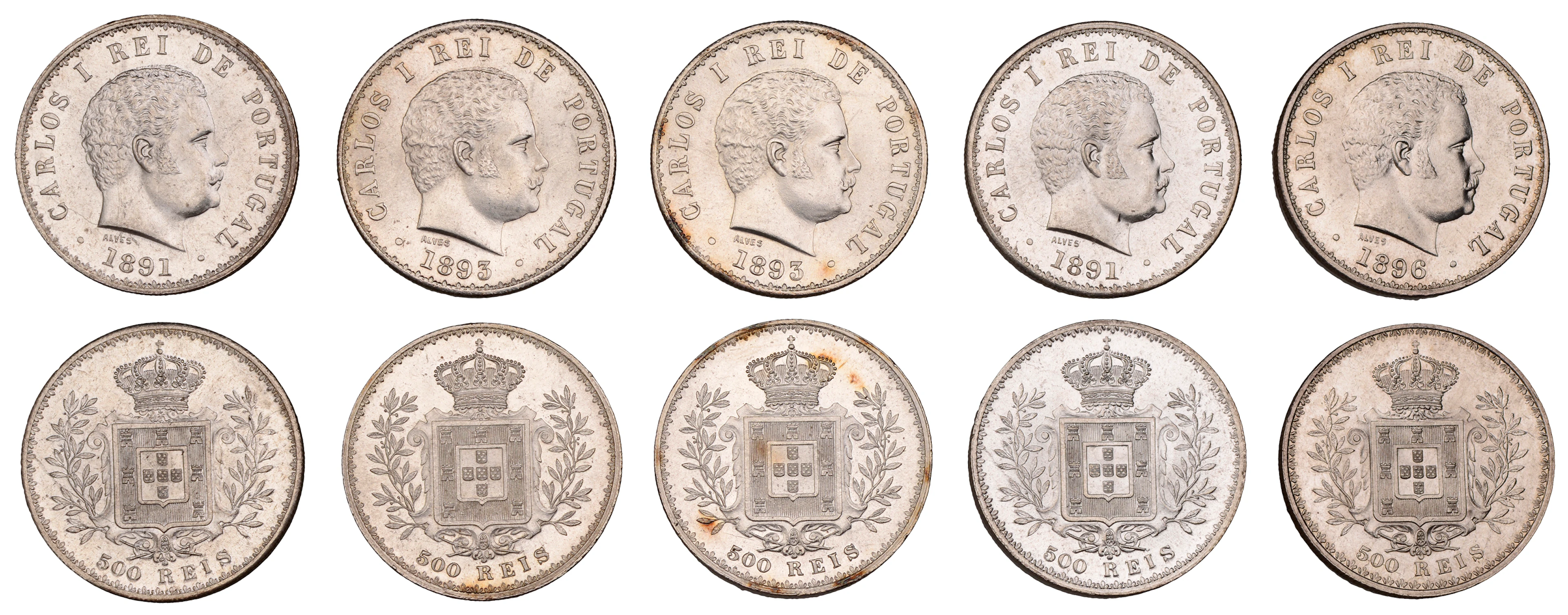 Portugal, Carlos I, 500 Reis (5), 1891 (2), 1893 (2), 1896, all Lisbon