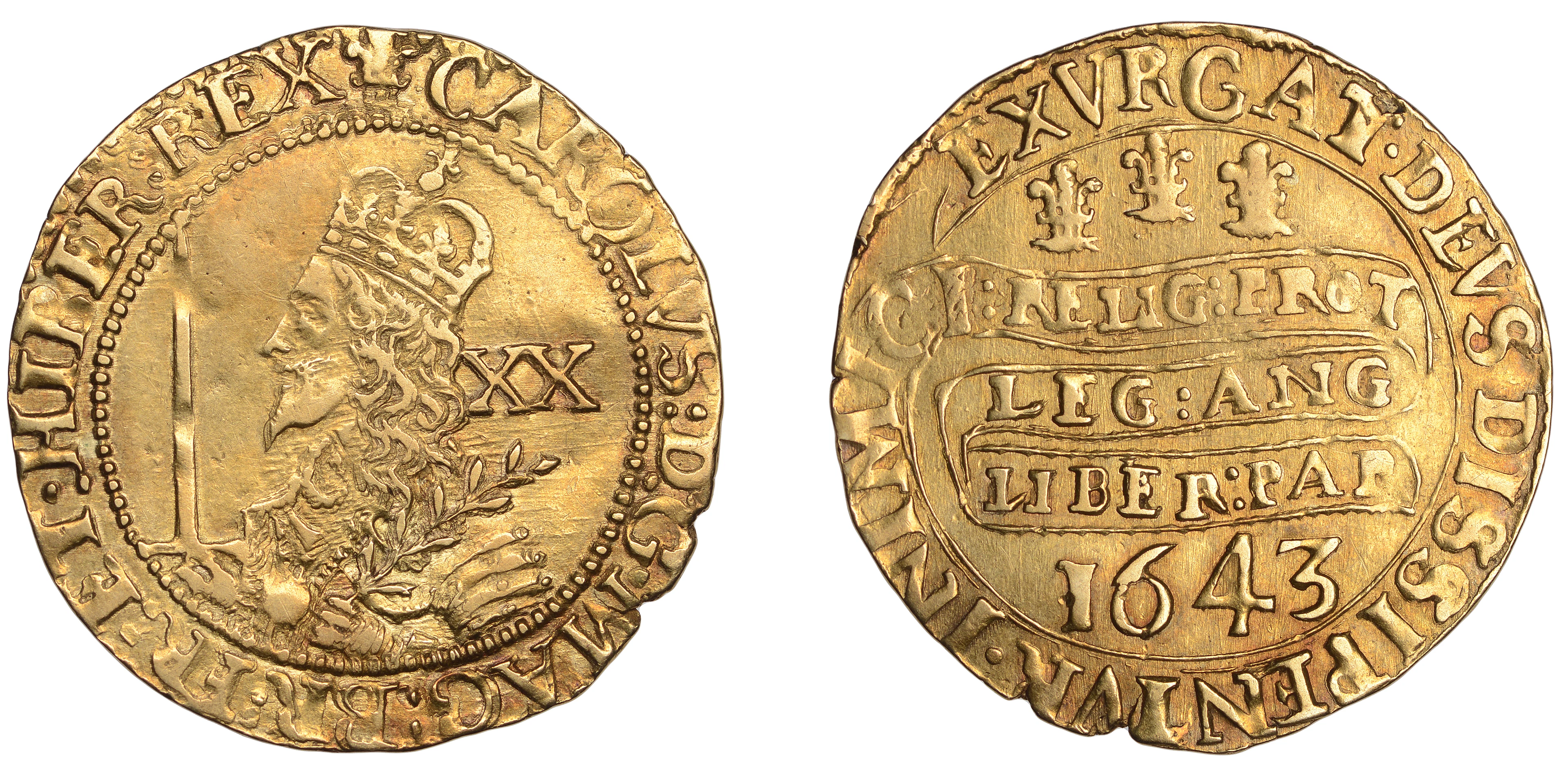 CHARLES I, Oxford Mint: Unite of Twenty Shillings, 1643, mm. plumes