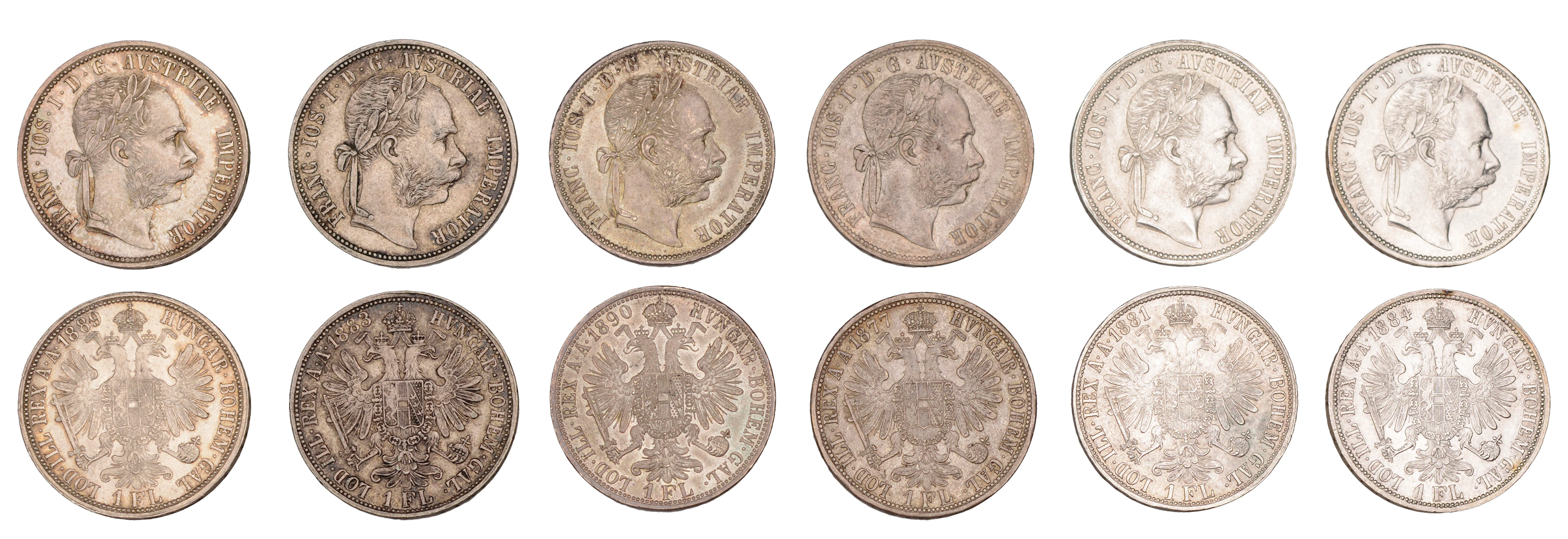 Austria, Franz Joseph I, Florins (6), 1877, 1881, 1883, 1884, 1889
