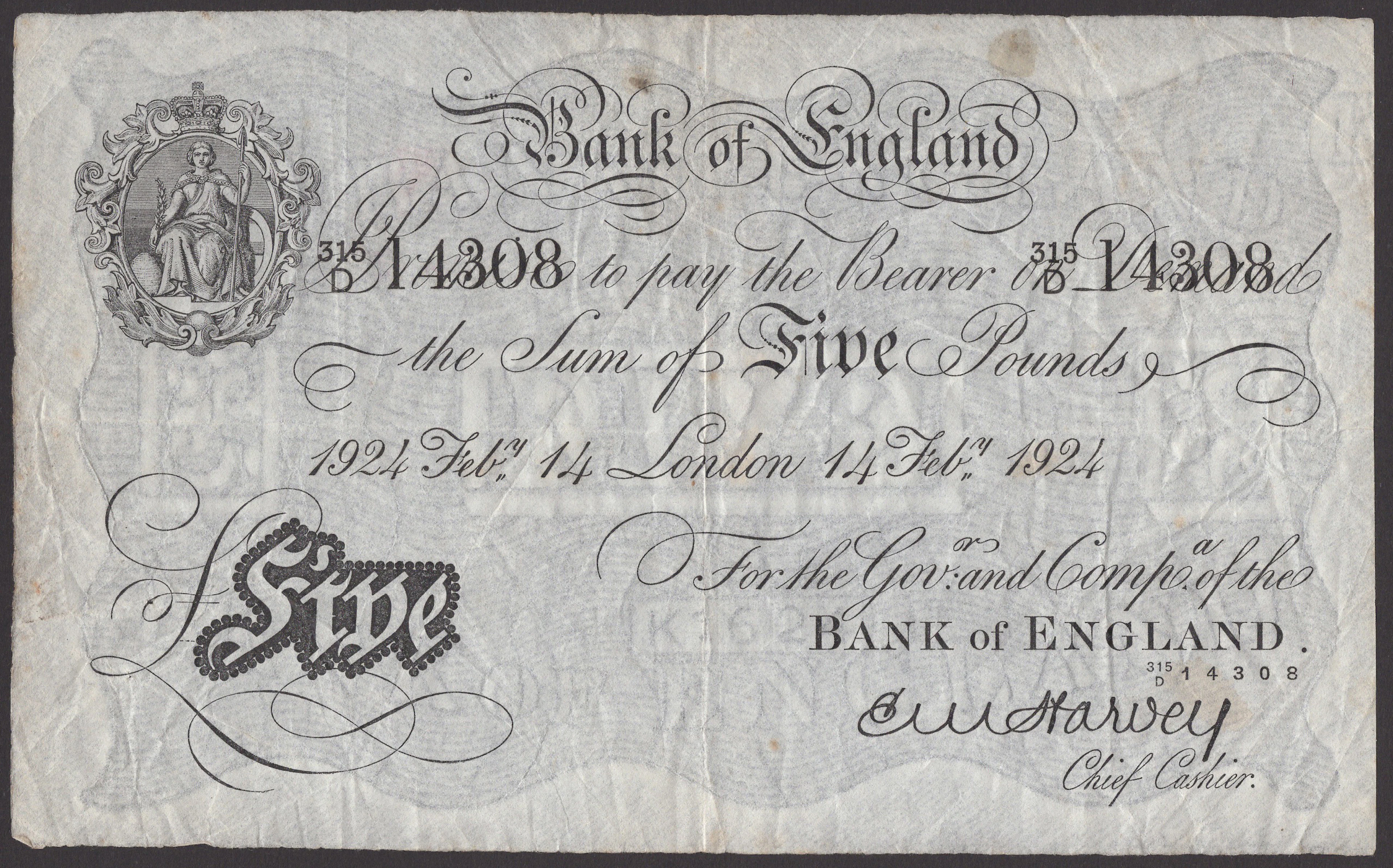 Bank of England, Ernest M. Harvey, £5, London, 14 February 1924, serial