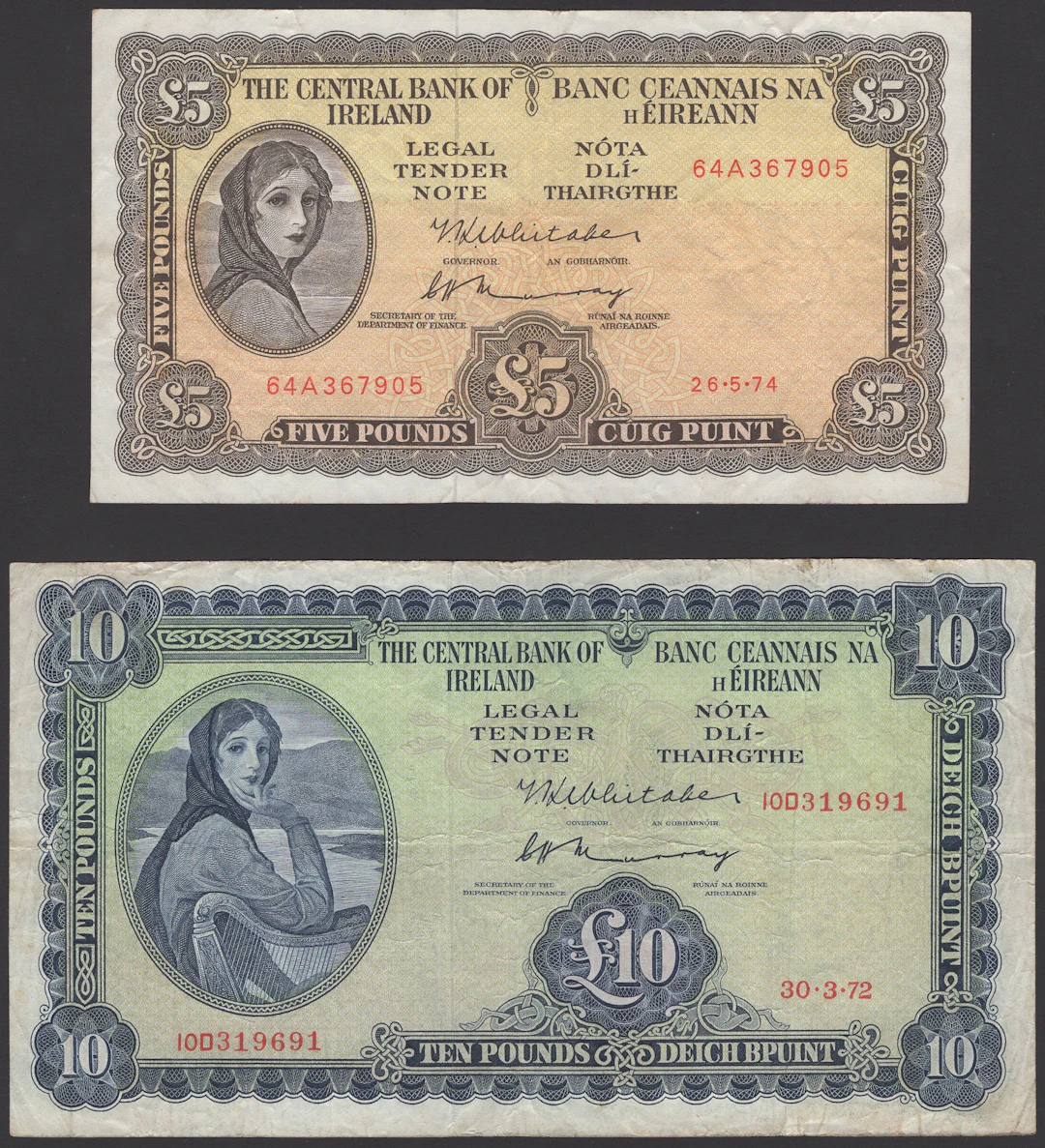 Central Bank of Ireland, £5, 26 May 1974, serial number 64A 367905