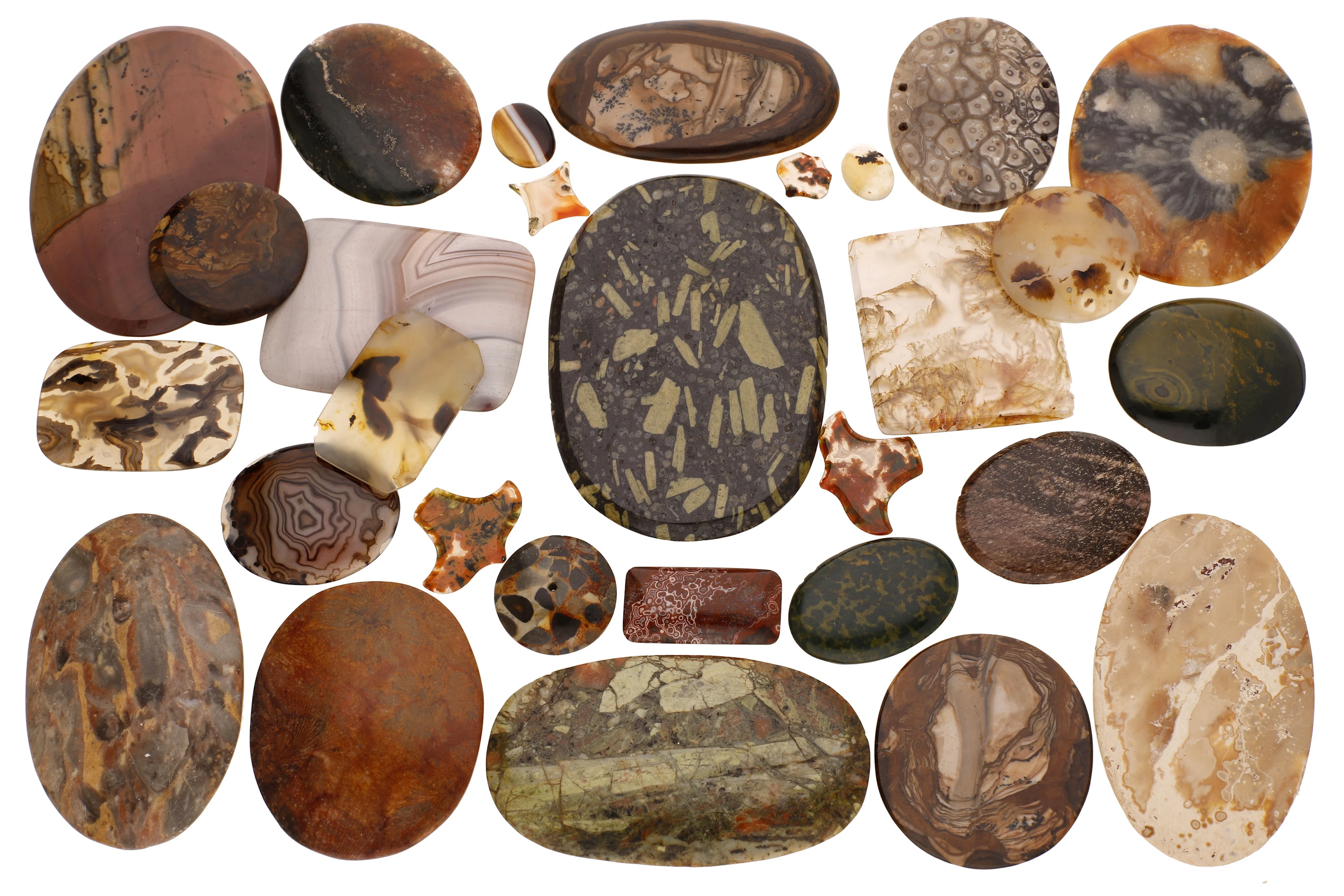 A collection of unmounted hardstone specimens, comprising various