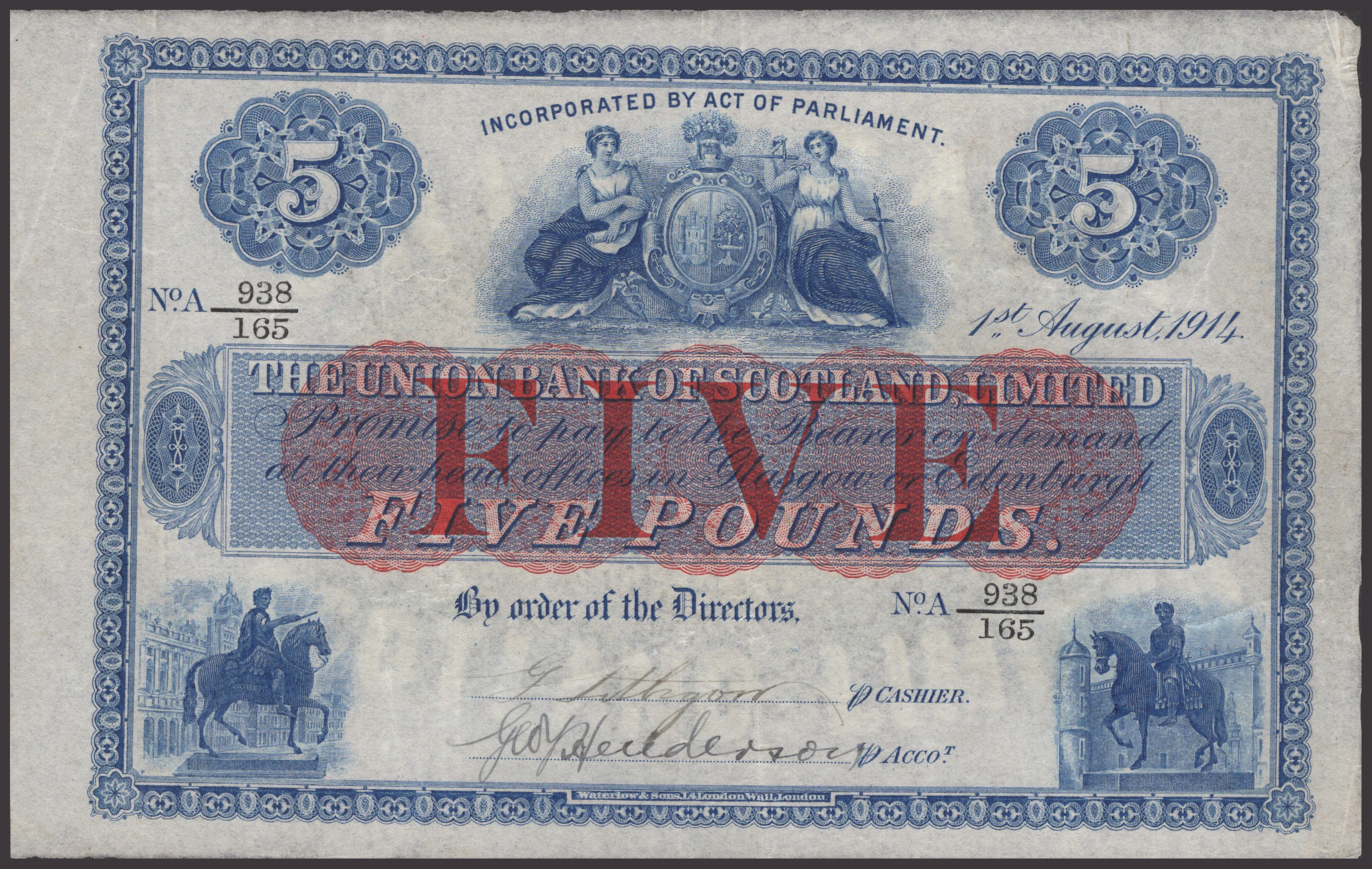 Union Bank of Scotland, £5, 1 August 1914, serial number A 938/165