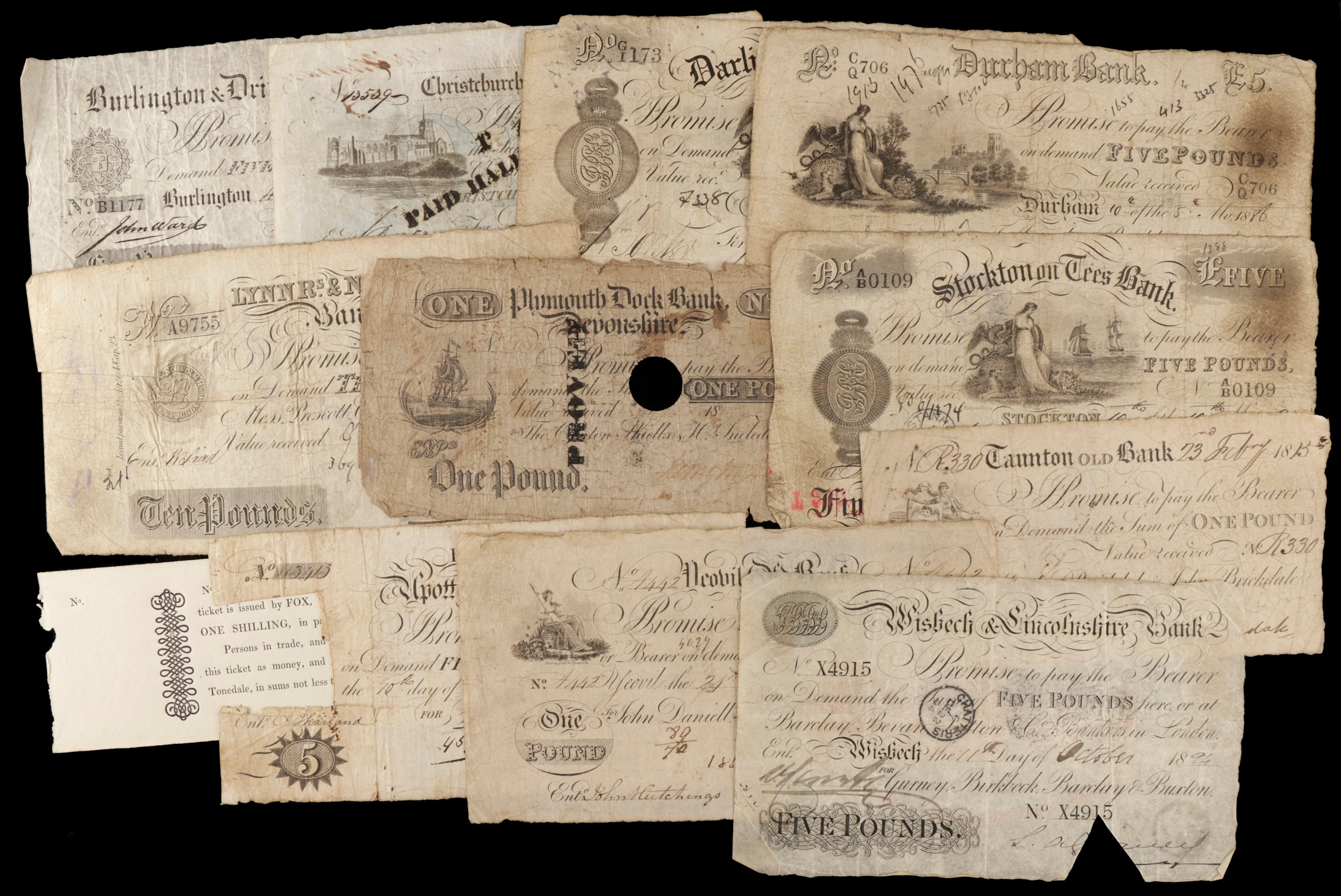 A Mixed Group English Provincial Banknotes, comprising Burlington