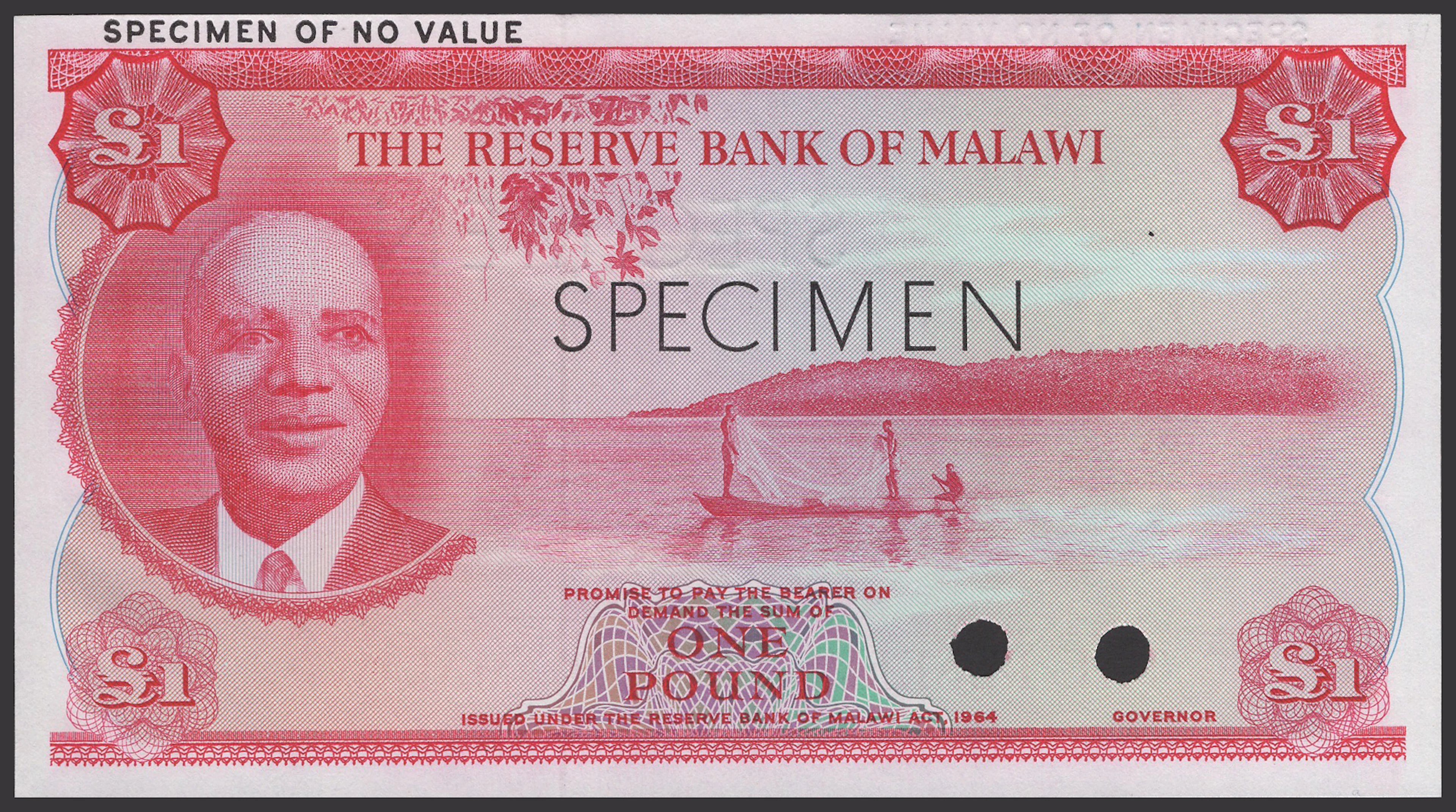Reserve Bank of Malawi, colour trial £1, 1964, no serial number or