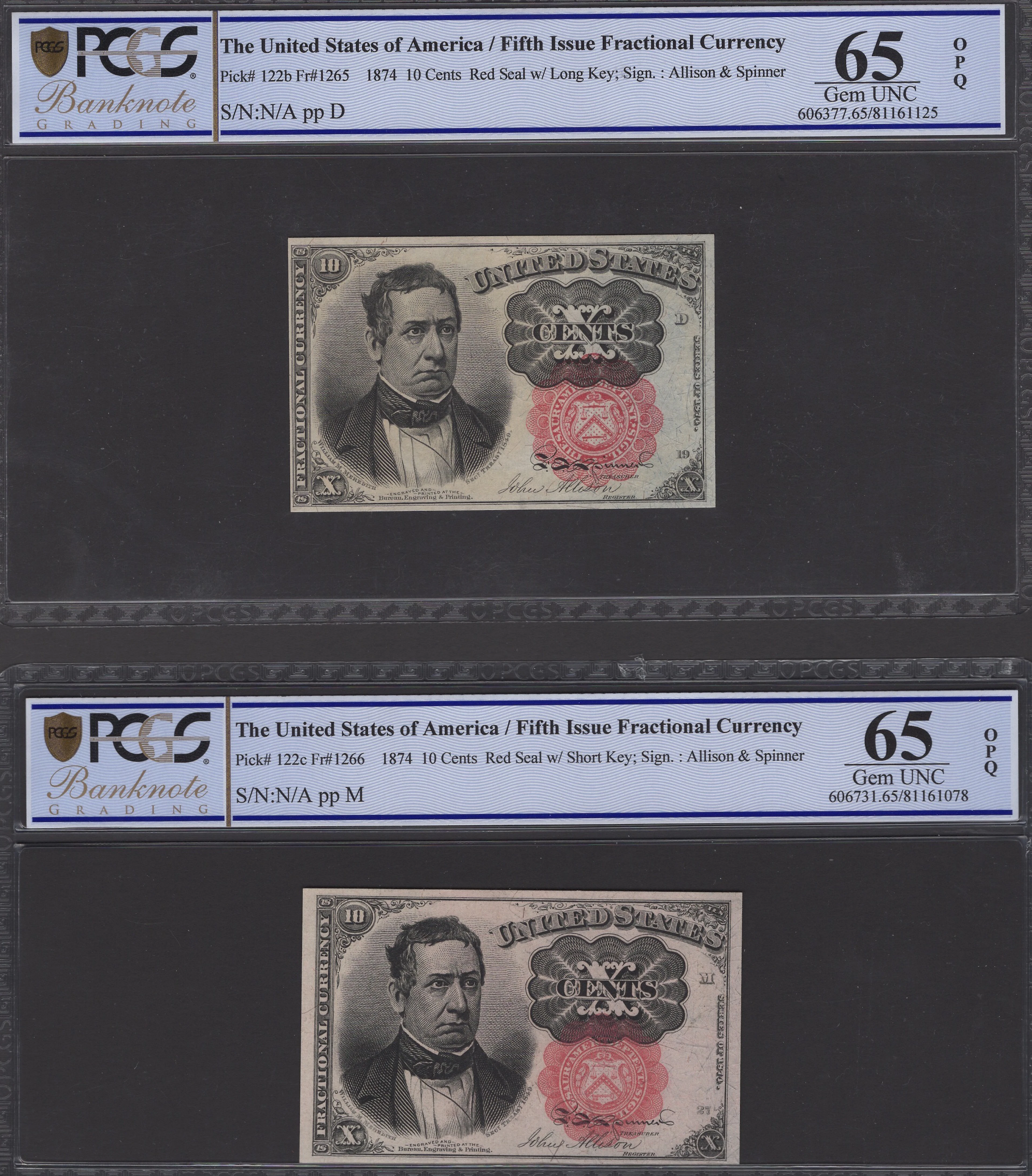 United States Fractional Currency, 10 Cents (2), 1874, plate positions