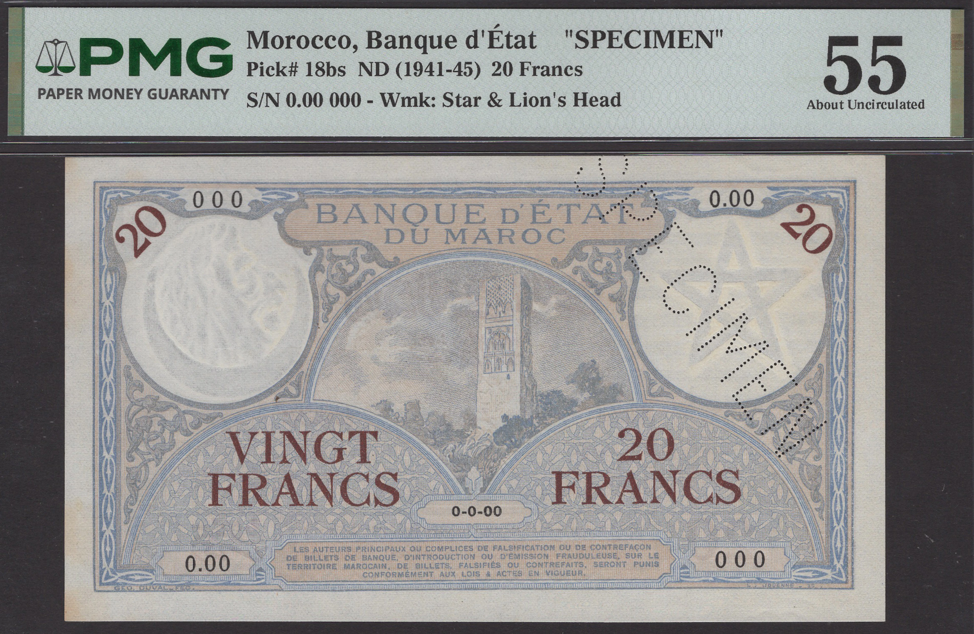 Banque d’Etat du Maroc, specimen 20 Francs, ND (1942), serial number