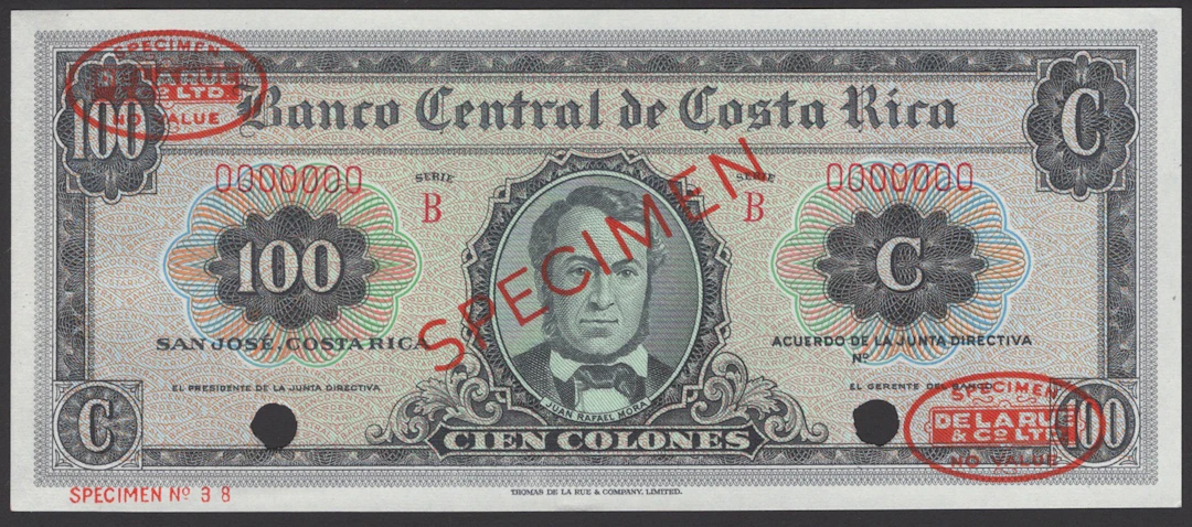 Banco Central de Costa Rica, specimen 100 Colones, ND (1961-66), serial