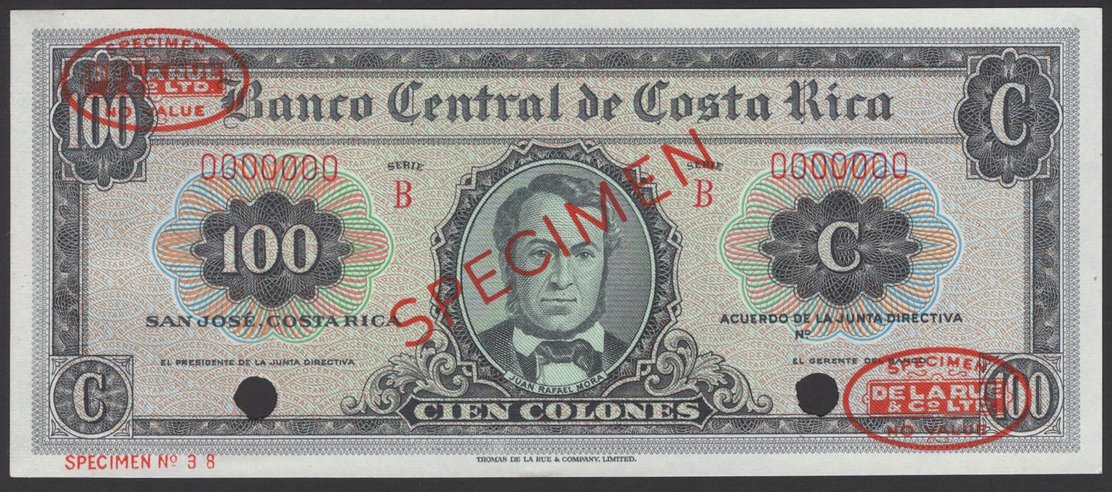 Banco Central de Costa Rica, specimen 100 Colones, ND (1961-66), serial