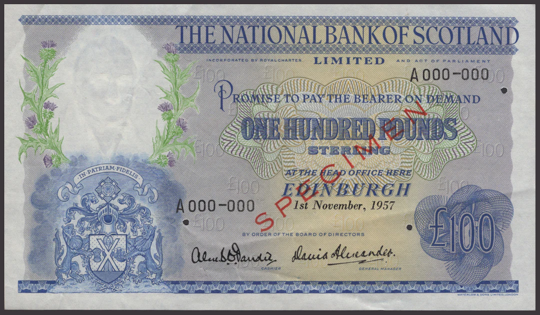 National Bank of Scotland Limited, specimen £100, 1 November 1957