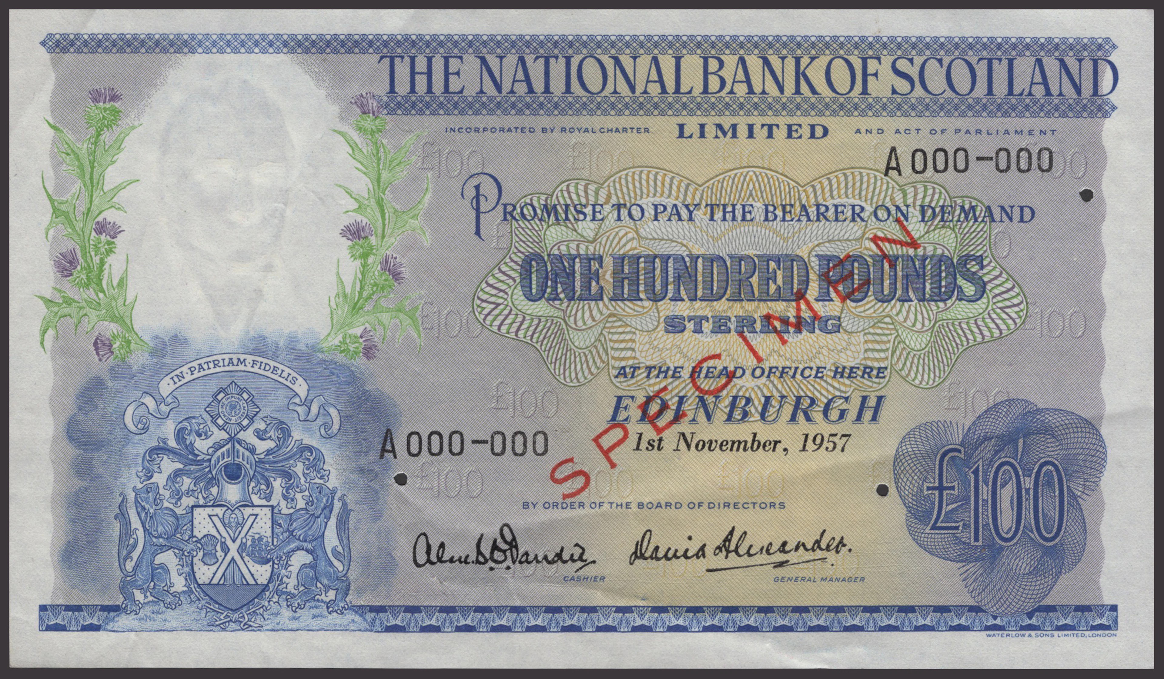 National Bank of Scotland Limited, specimen £100, 1 November 1957