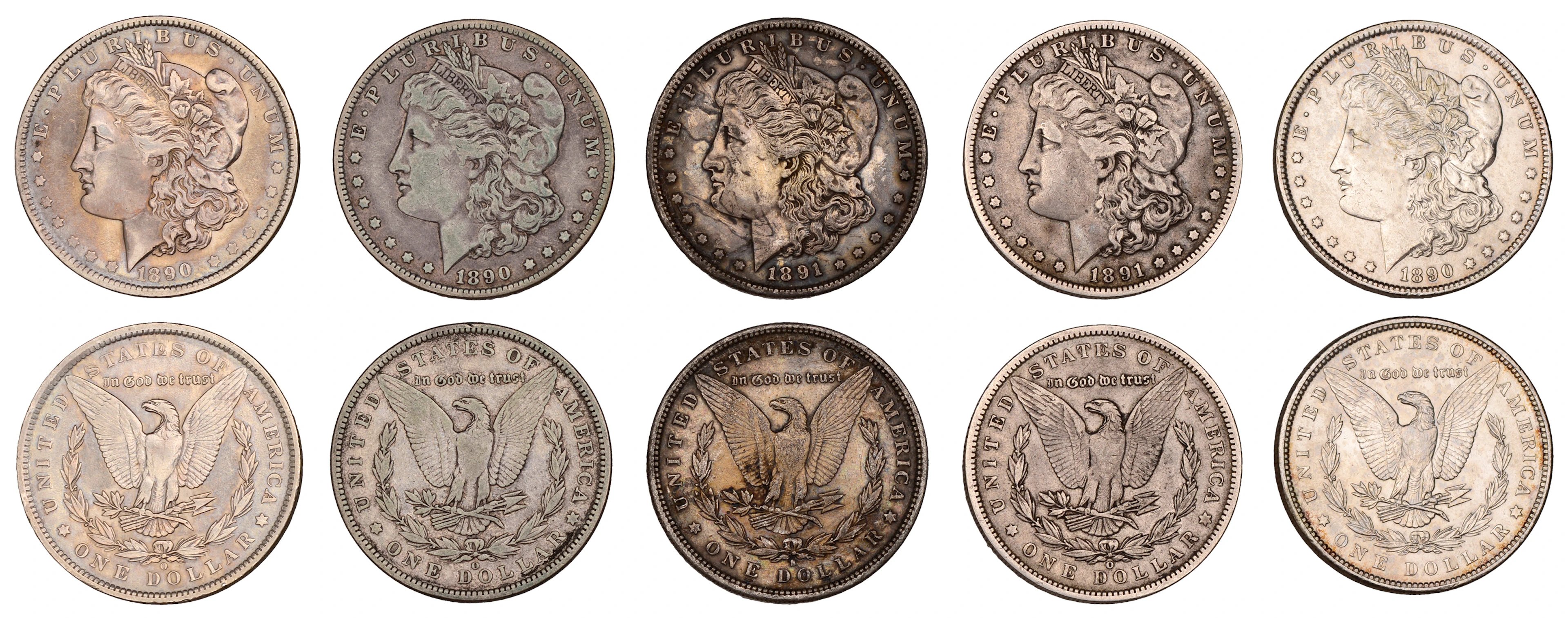 United States of America, Dollars (5), 1890, 1890o (2), 1891s, 1891o