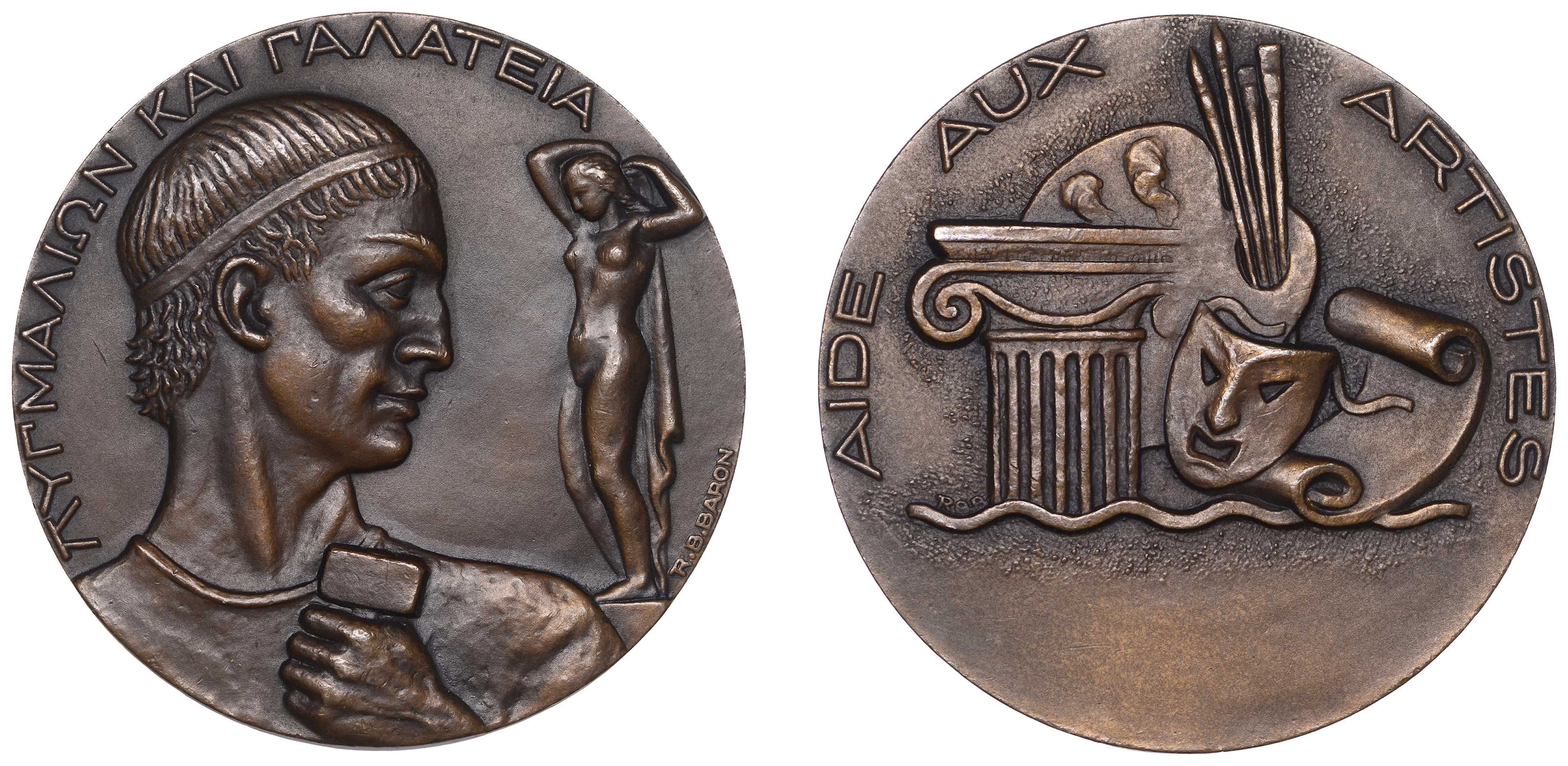 FRANCE, Pygmalion and Galatea, c. 1950, a bronze medal by R.-B. Baron