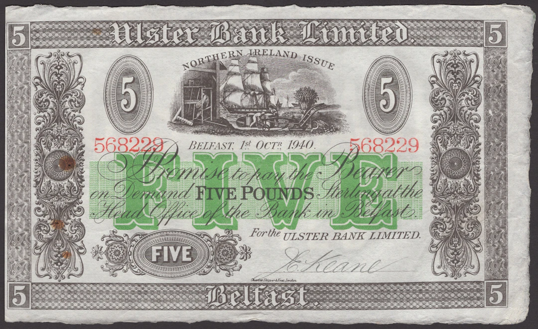 Ulster Bank Limited, £5, 1 October 1940, serial number 568229, Keane
