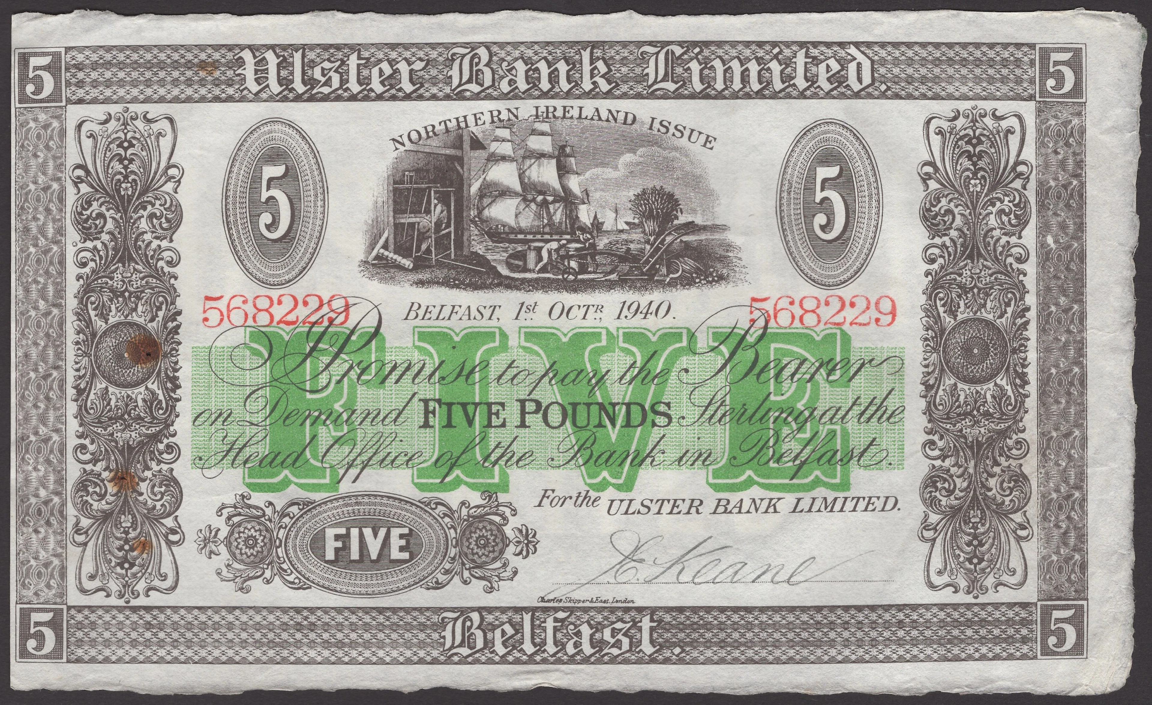 Ulster Bank Limited, £5, 1 October 1940, serial number 568229, Keane