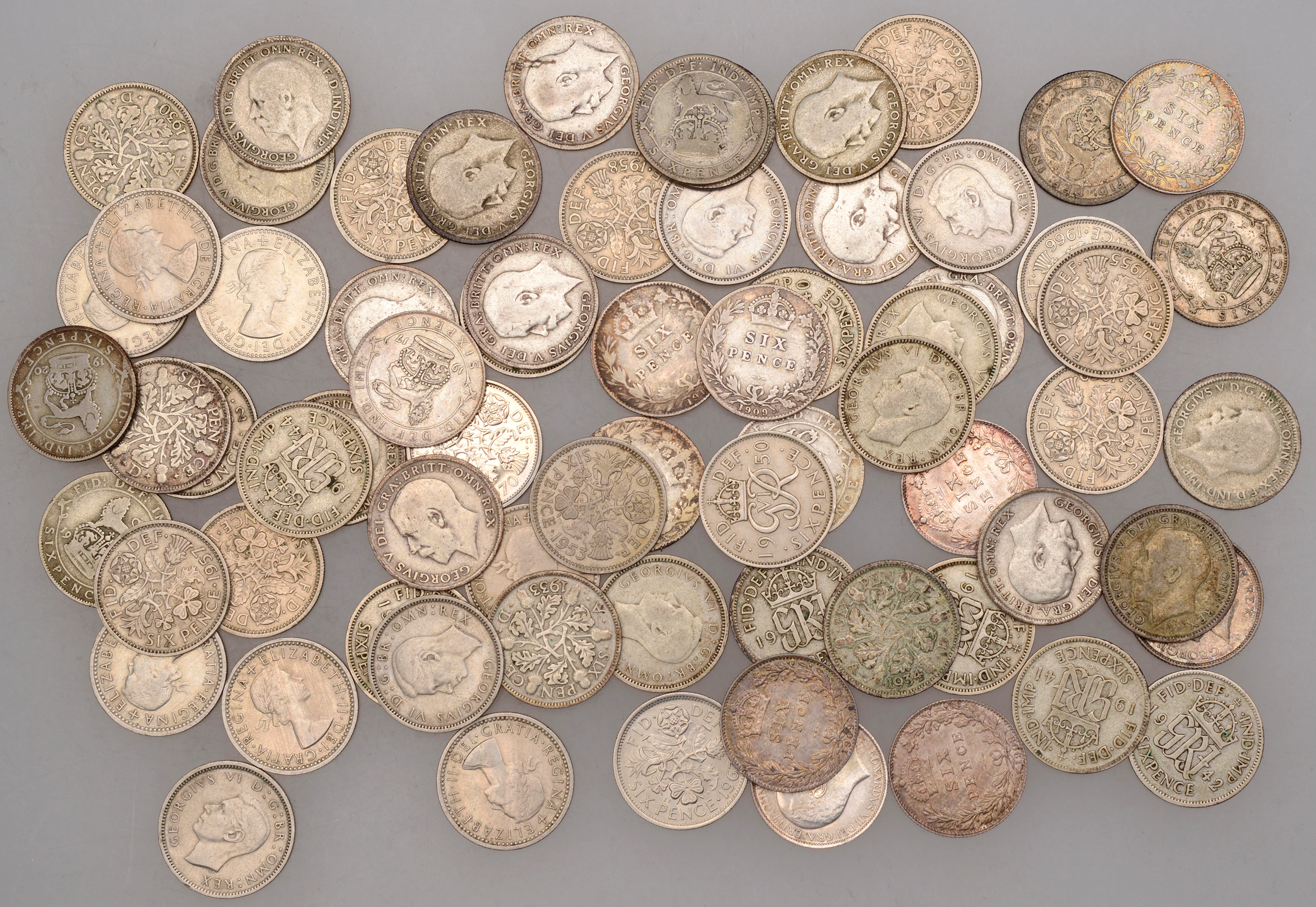 Edward VII to Elizabeth II, Sixpences (71), in .925 silver (18), .500
