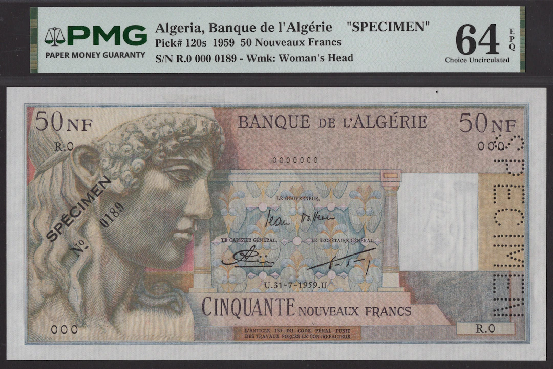 Banque de l’Algerie, specimen 50 Nouveaux Francs, 31 July 1959, serial
