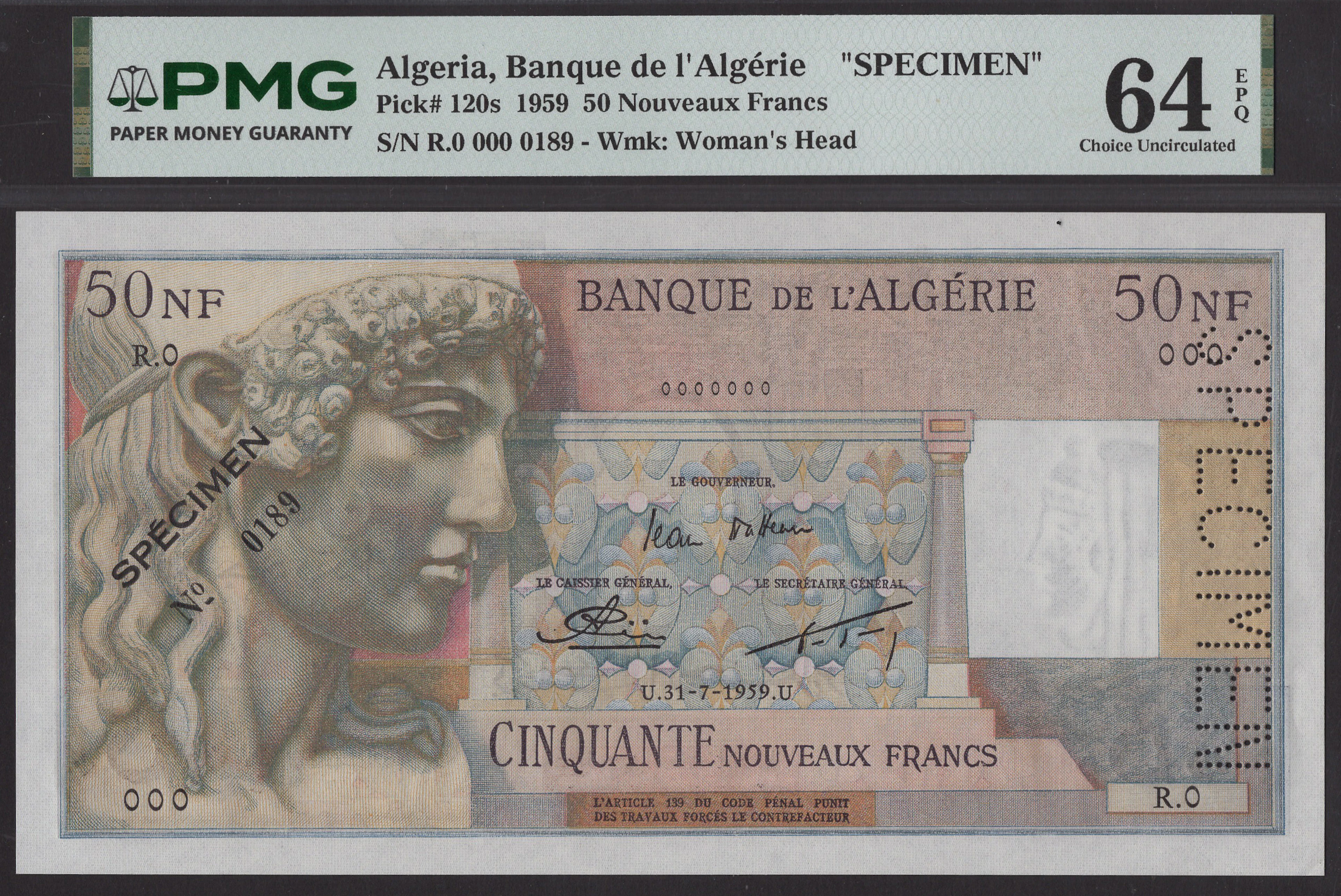 Banque de l’Algerie, specimen 50 Nouveaux Francs, 31 July 1959, serial