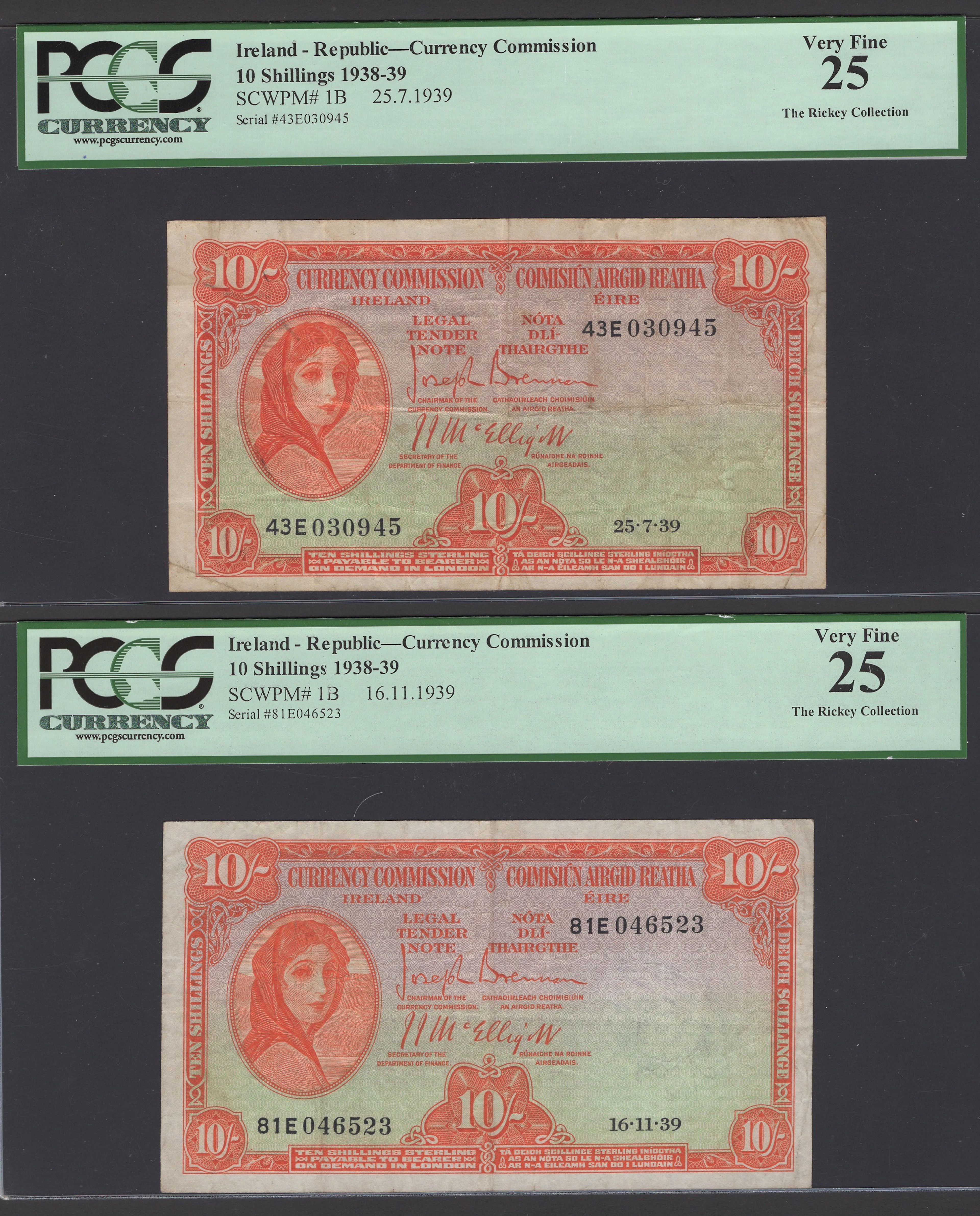 Currency Commission, Ireland, 10 Shillings (2), 25 July 1939, serial