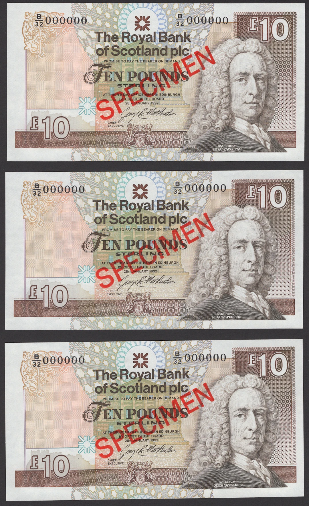 Royal Bank of Scotland PLC, specimen £10 (6), 28 January 1992, serial