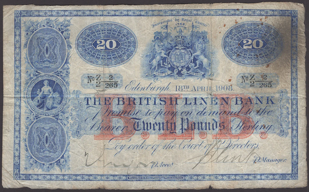 British Linen Bank, £20, 18 April 1908, serial number Z/2 2/265, two