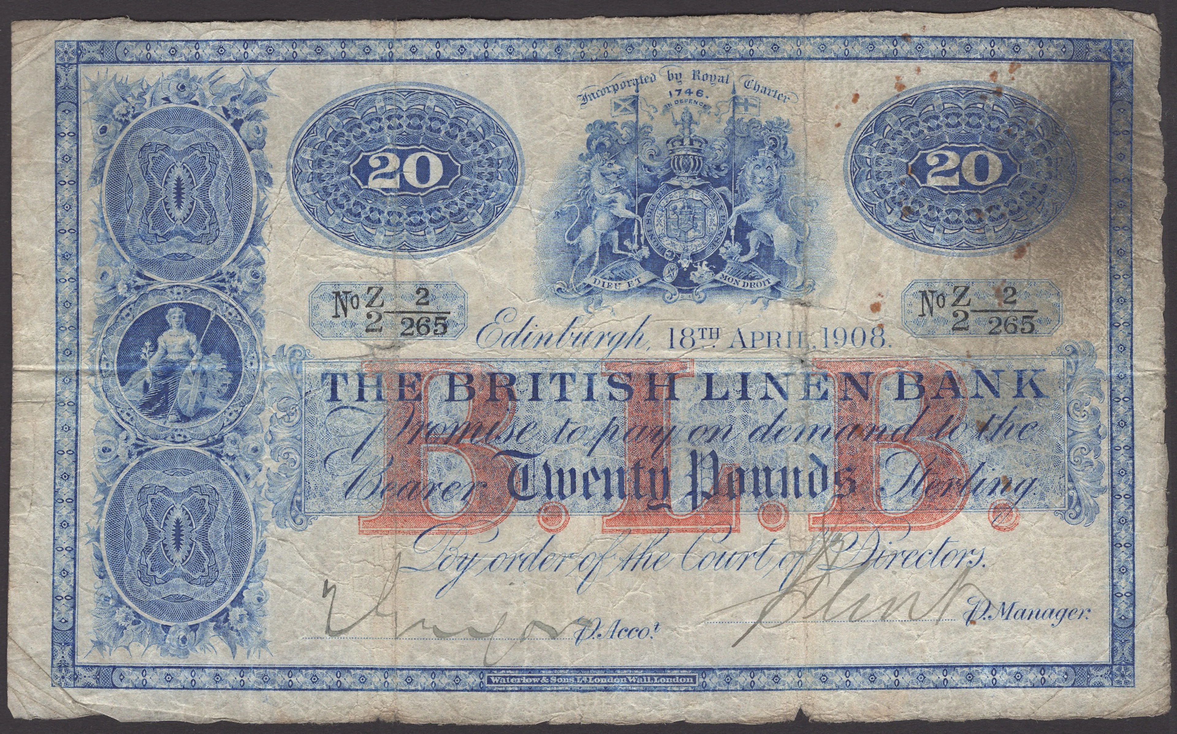 British Linen Bank, £20, 18 April 1908, serial number Z/2 2/265, two