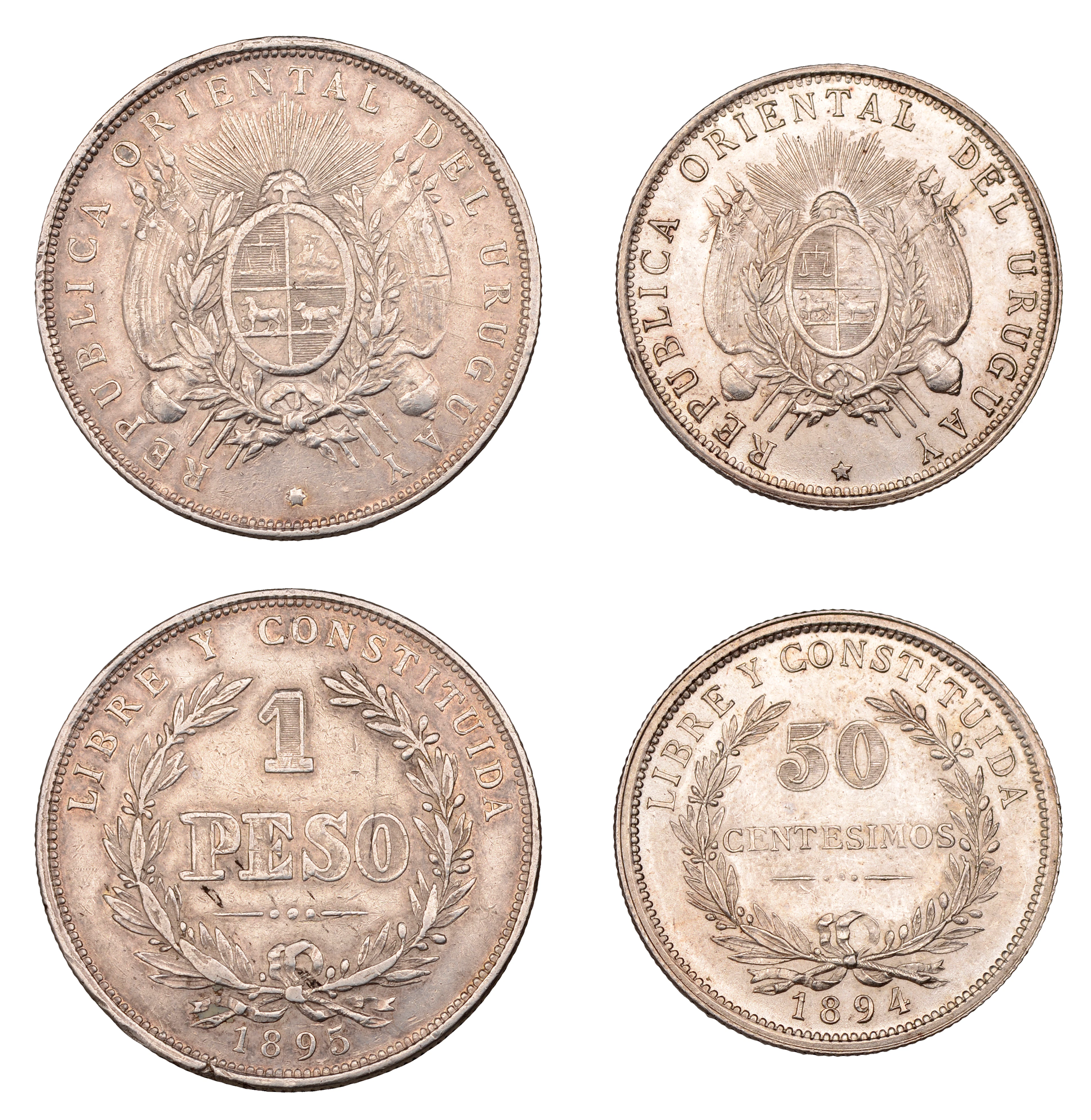 Uruguay, Oriental Republic, Peso, 1895, 50 Centesimos, 1894, both