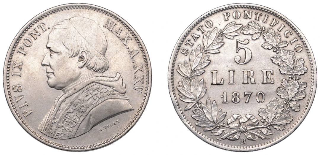 Italy – Papal States, Pius IX, 5 Lire, 1870r (A. XXV), Rome (MIR 3165/3;