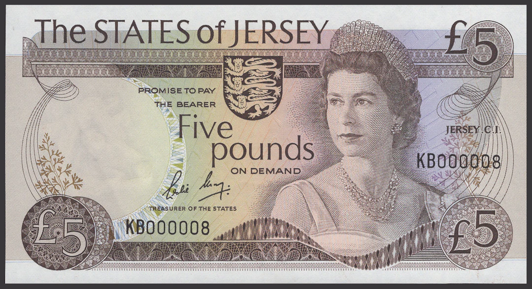 States of Jersey, £5, 1983, serial number KB000008, May signature