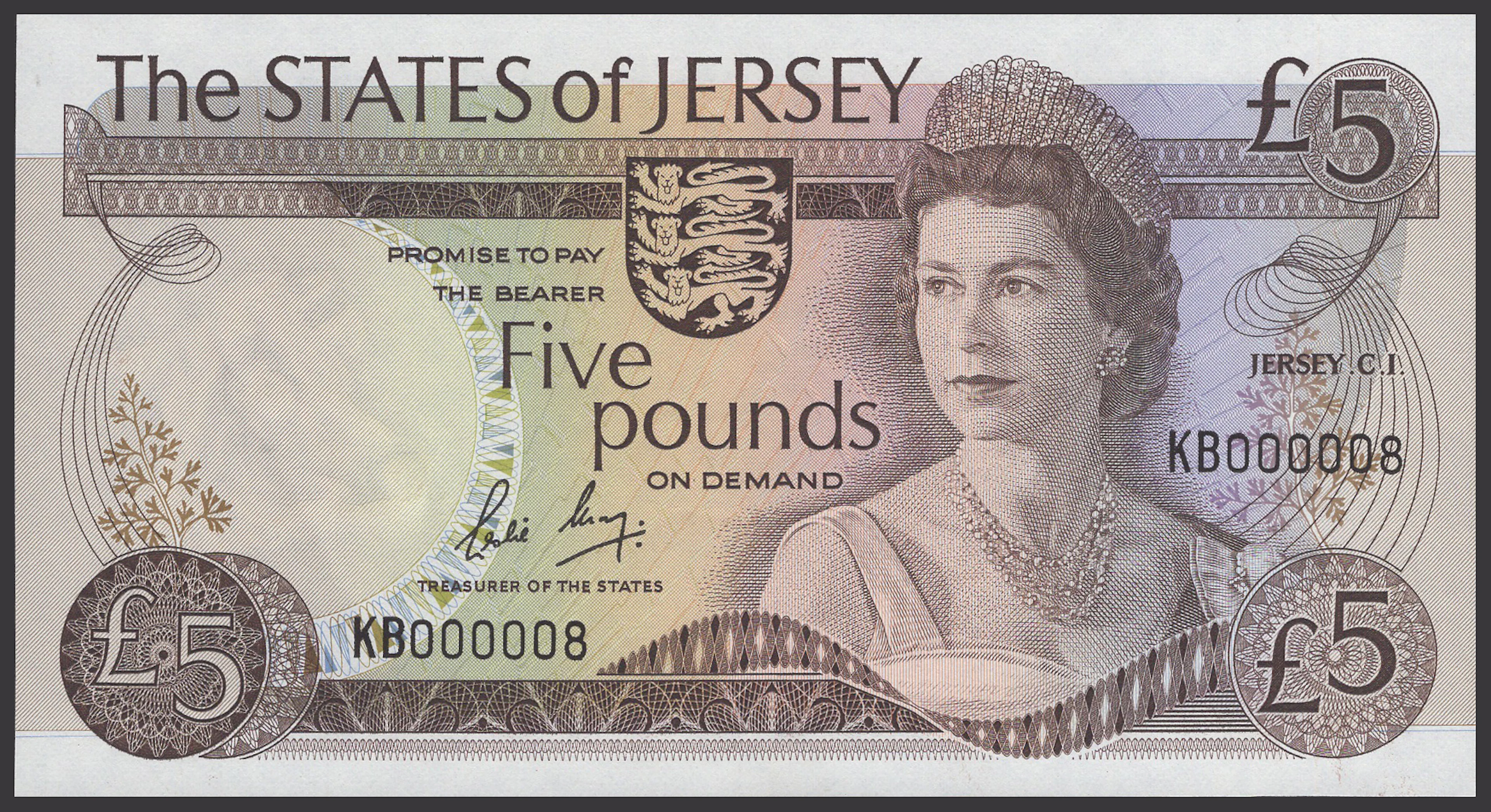 States of Jersey, £5, 1983, serial number KB000008, May signature