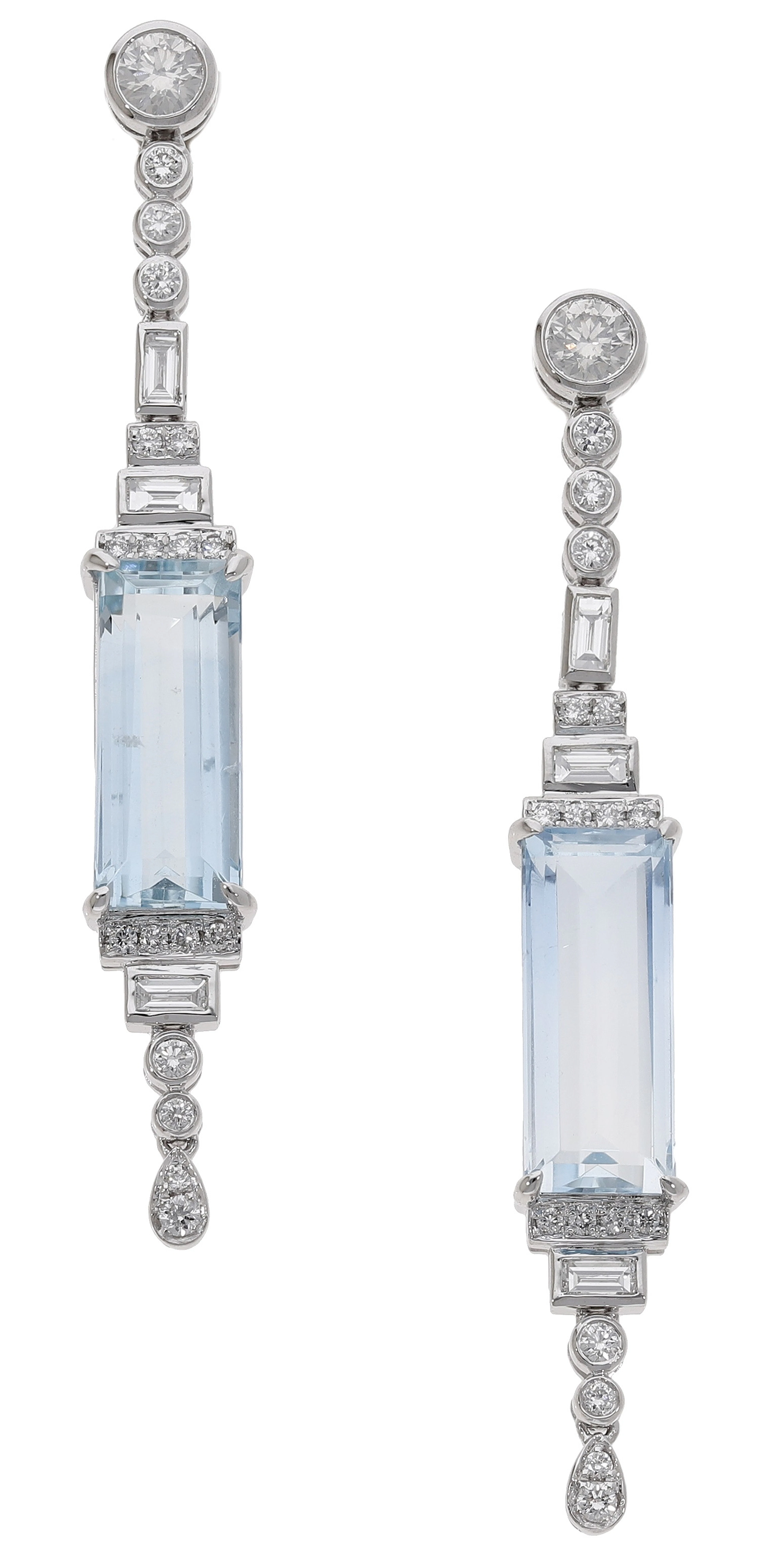 A pair of aquamarine and diamond ear pendants, of linear design, set
