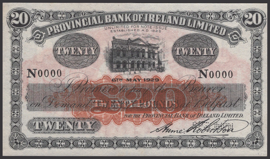 Provincial Bank of Ireland Ltd, specimen £20, 6 May 1929, serial number